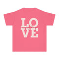 LOVE block letters with script overlay Youth Tee | pink text on charcoal