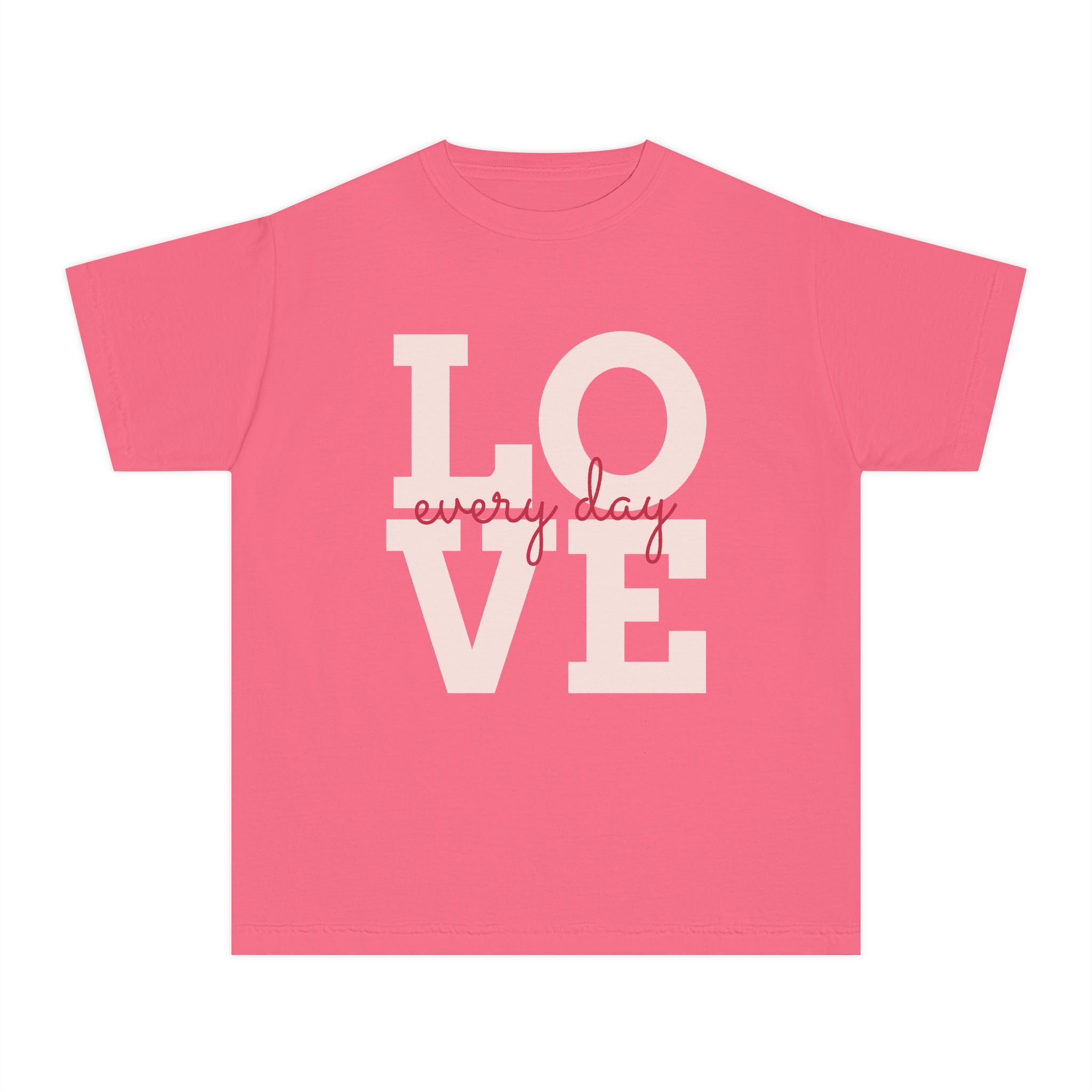 LOVE block letters with script overlay Youth Tee | pink text on charcoal