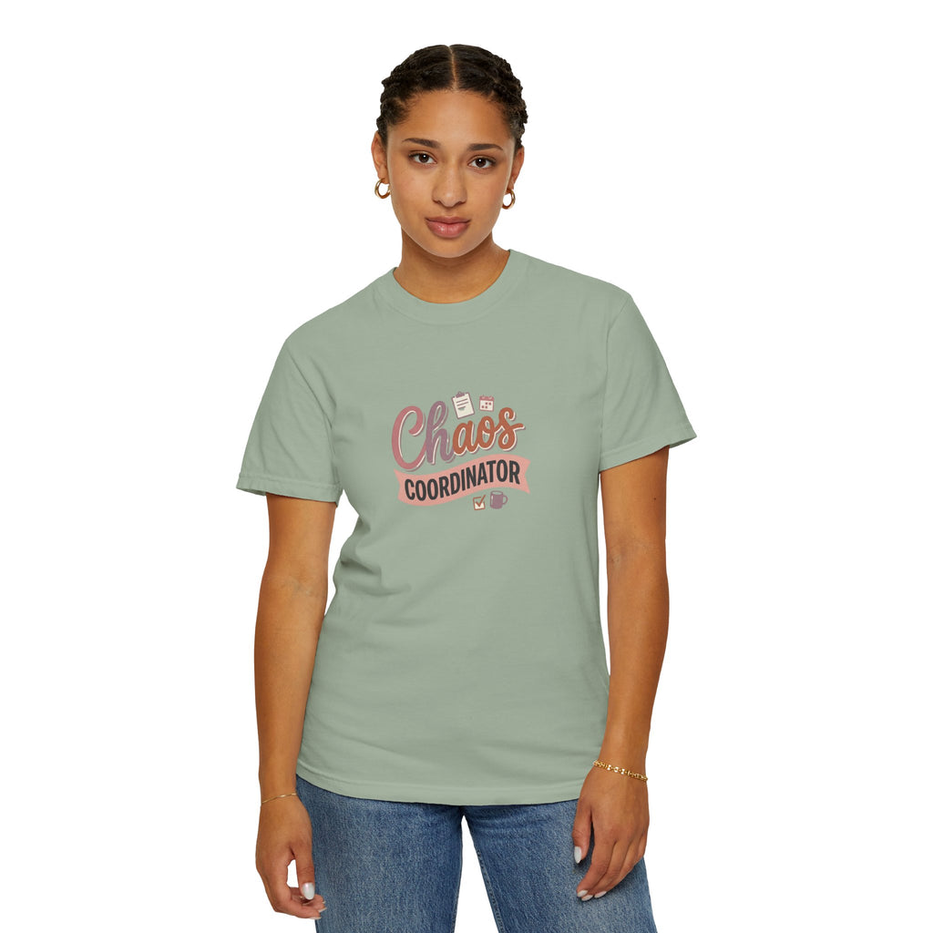 Chaos Coordinator T-shirt | Script lettering, coffee icons, playful design