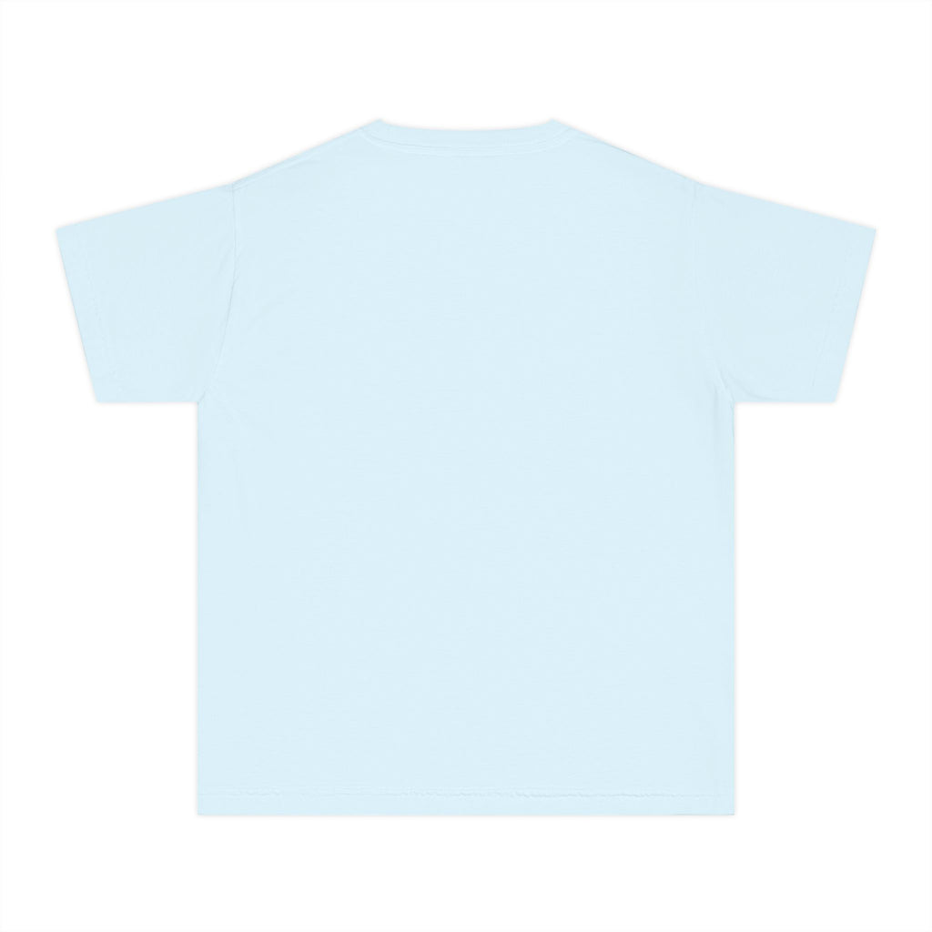 LOVE block letters with script overlay Youth Tee | pink text on charcoal