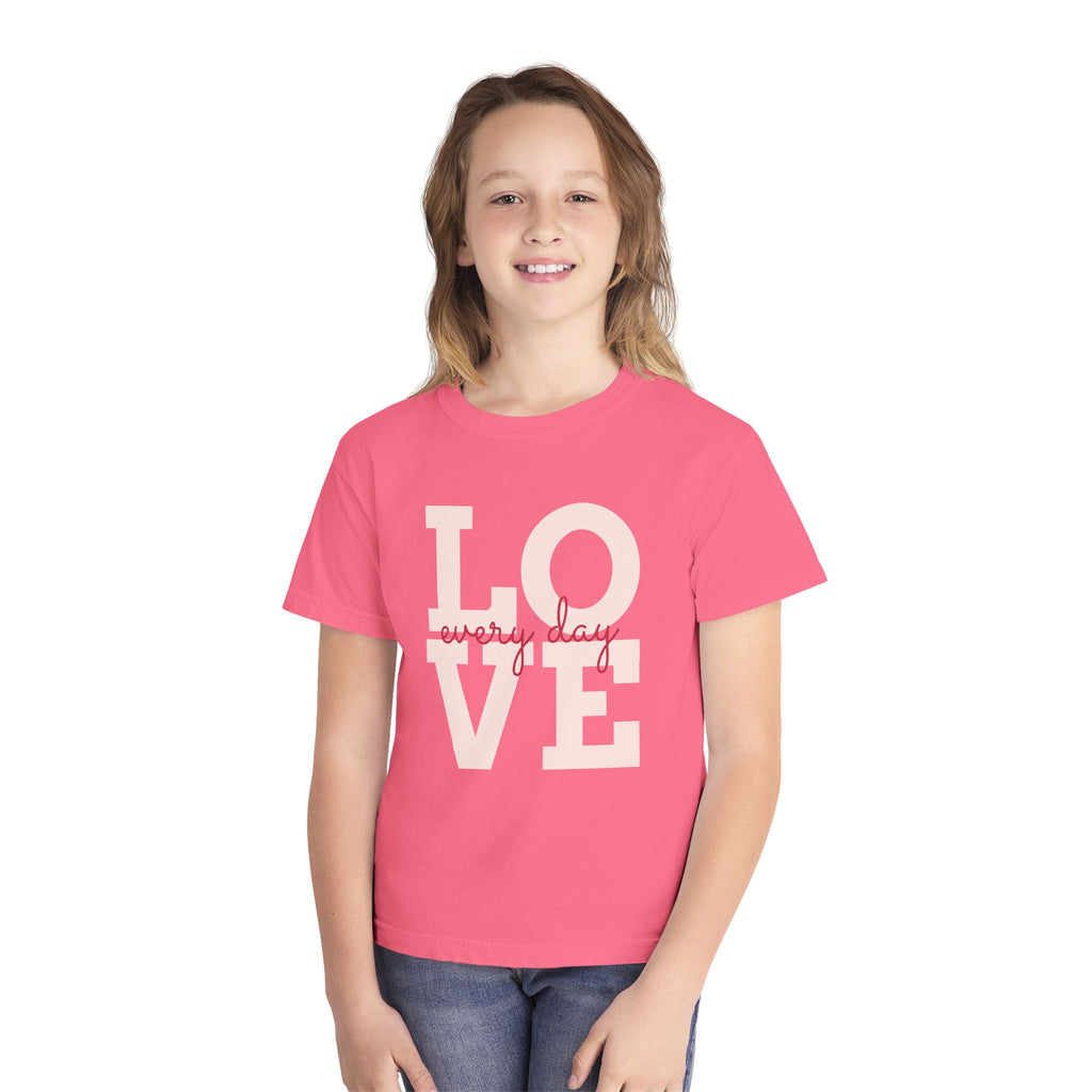 LOVE block letters with script overlay Youth Tee | pink text on charcoal