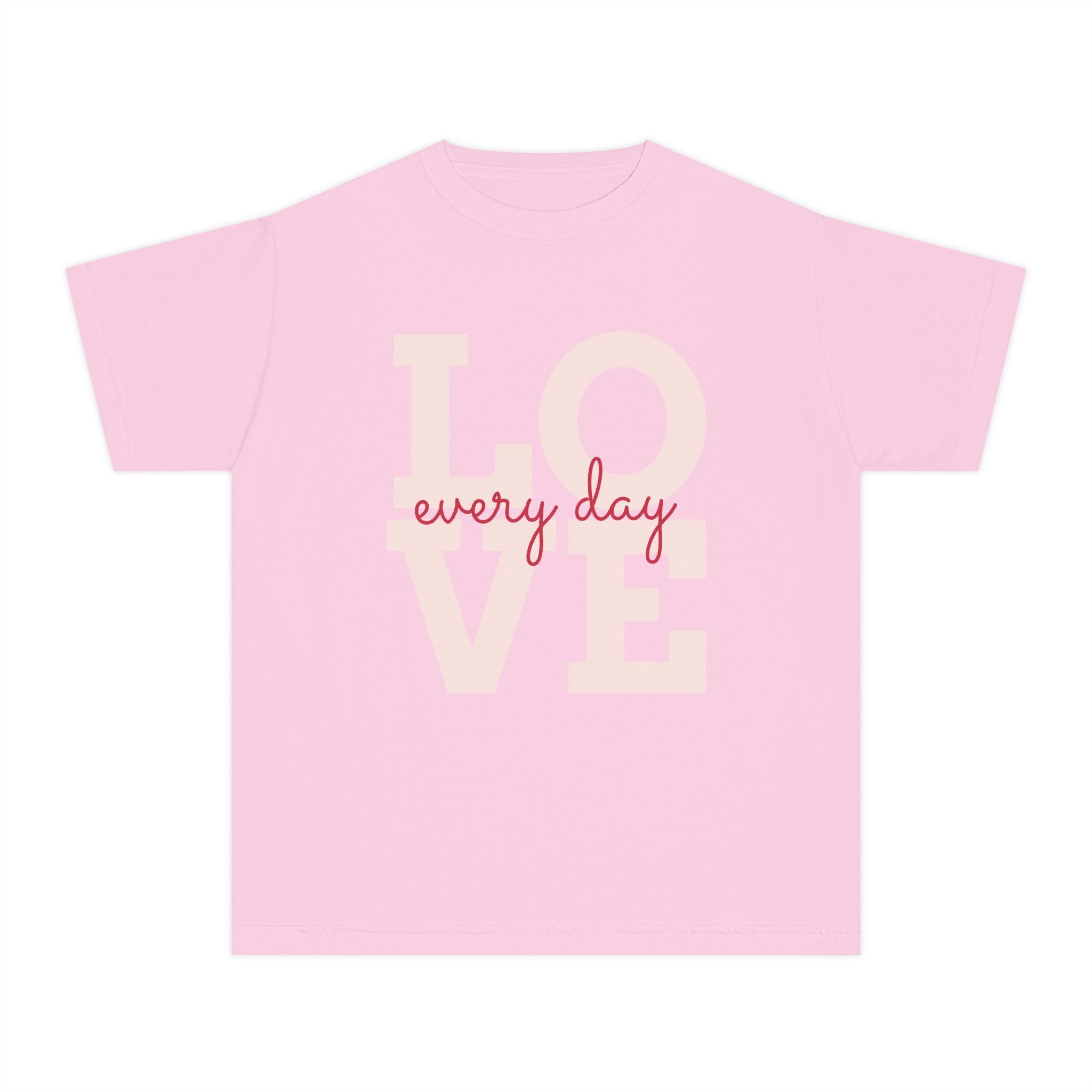 LOVE block letters with script overlay Youth Tee | pink text on charcoal