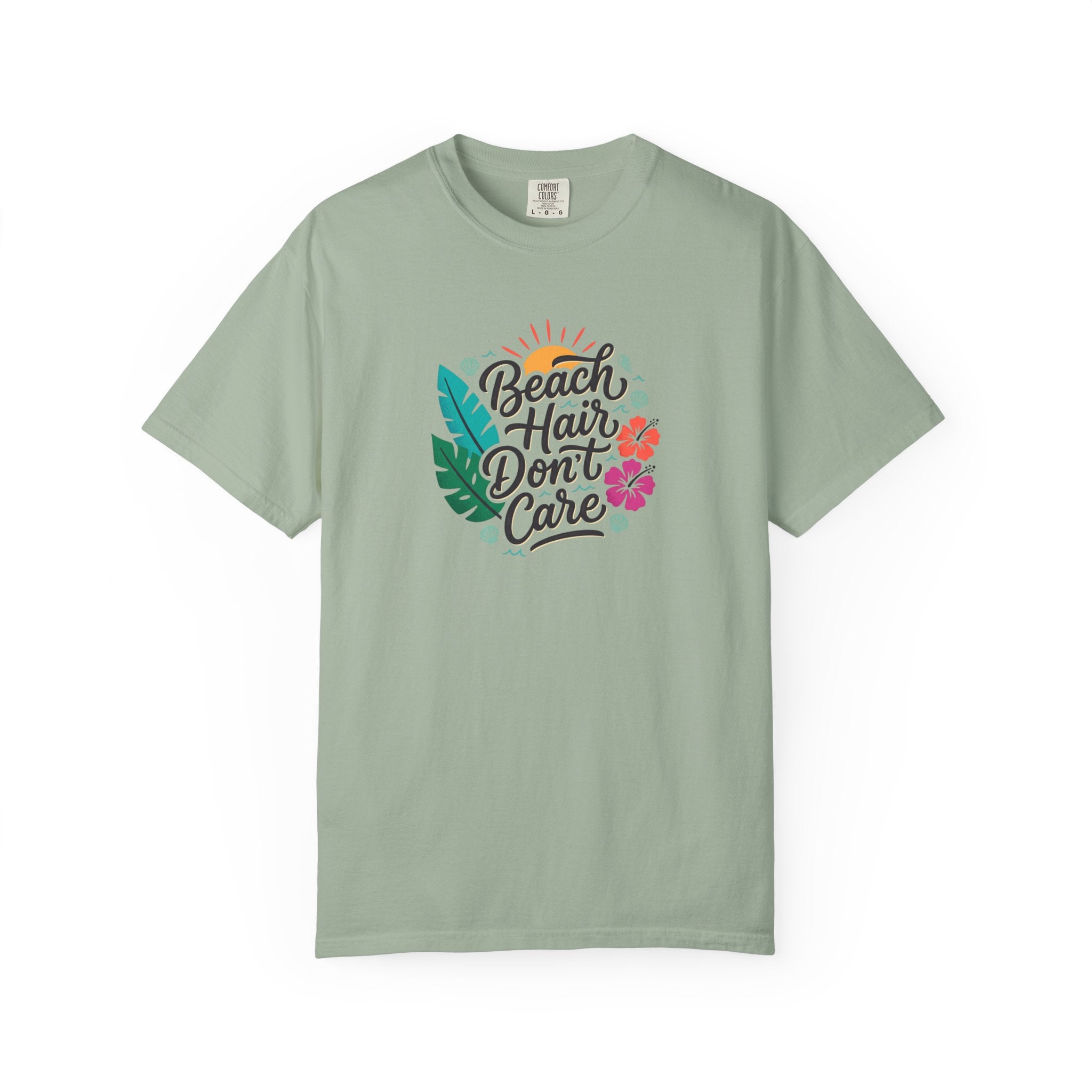 Beach Hair Dont Care TShirt | Tropical Sun, Hibiscus & Palm Leaves