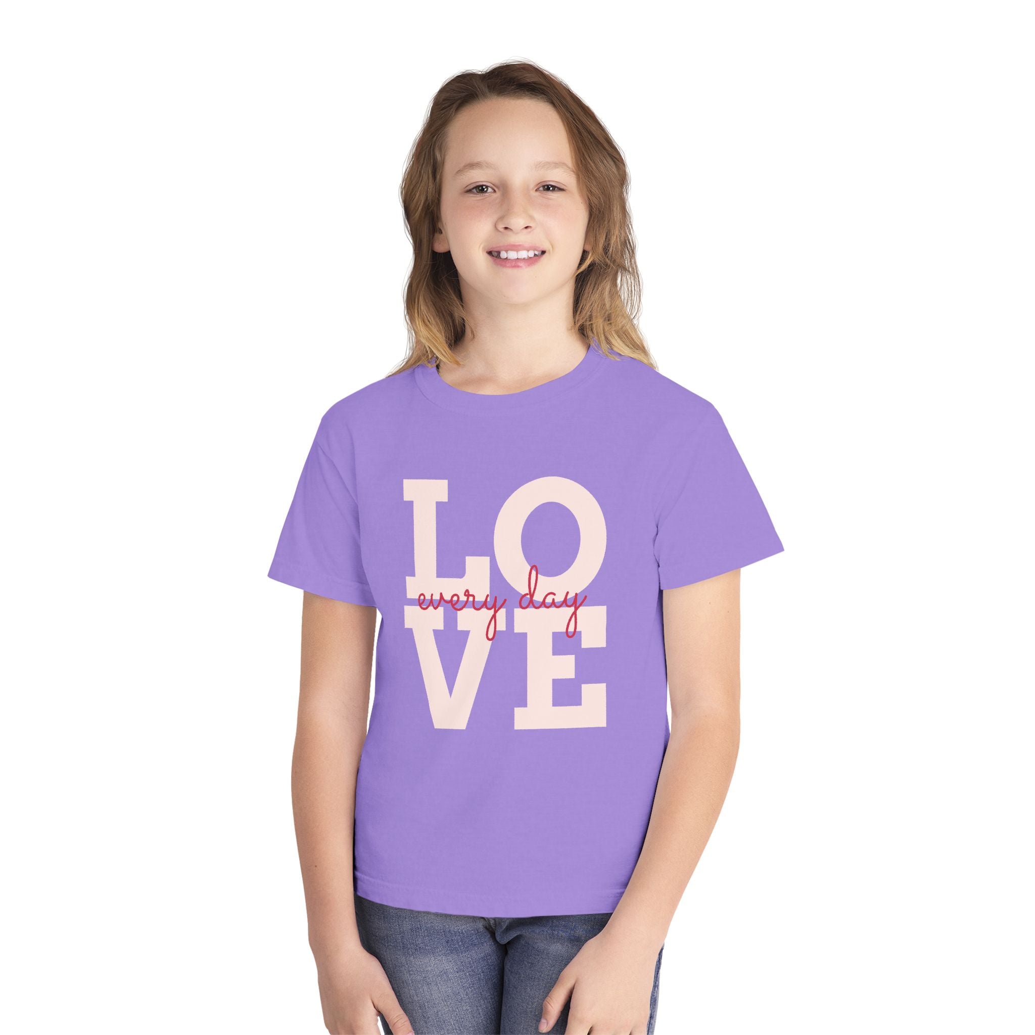 LOVE block letters with script overlay Youth Tee | pink text on charcoal