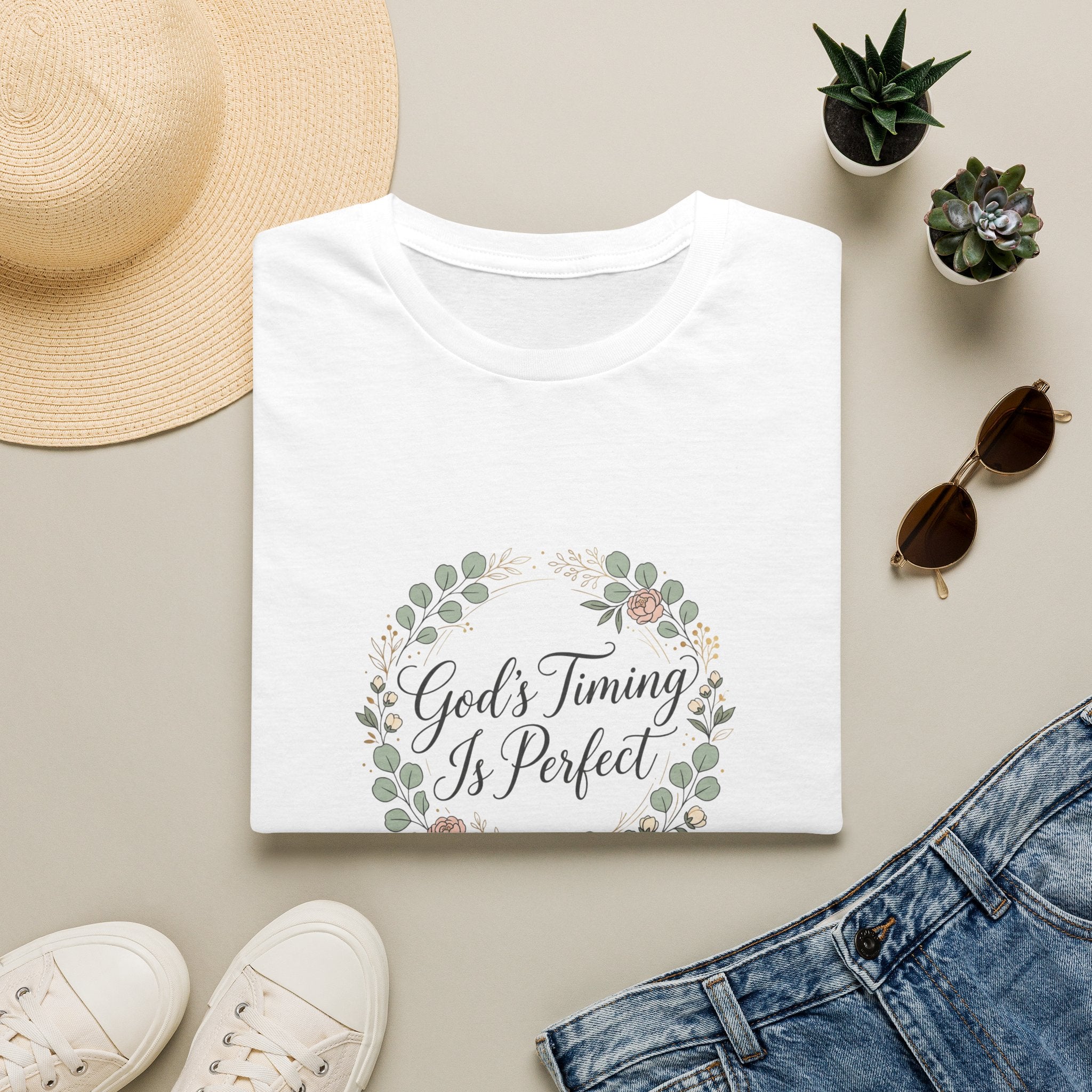 God's Timing Is Perfect T-Shirt | Floral Wreath Christian Faith Tee