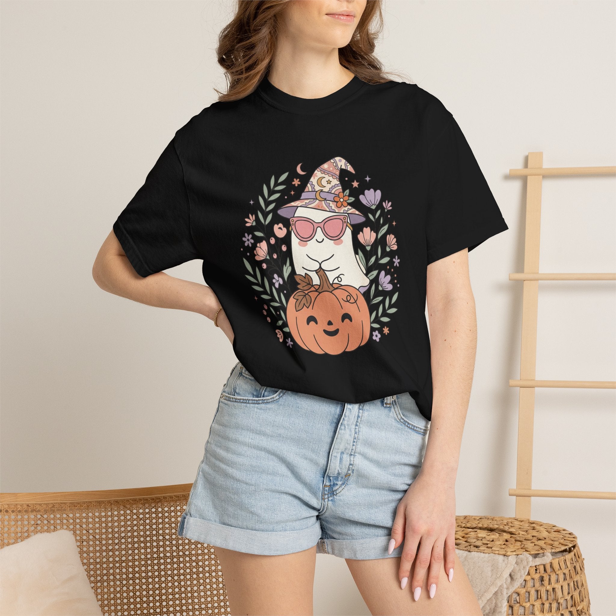 Cute Witch Cat with Pumpkin T-Shirt | Halloween Cat Graphic Tee