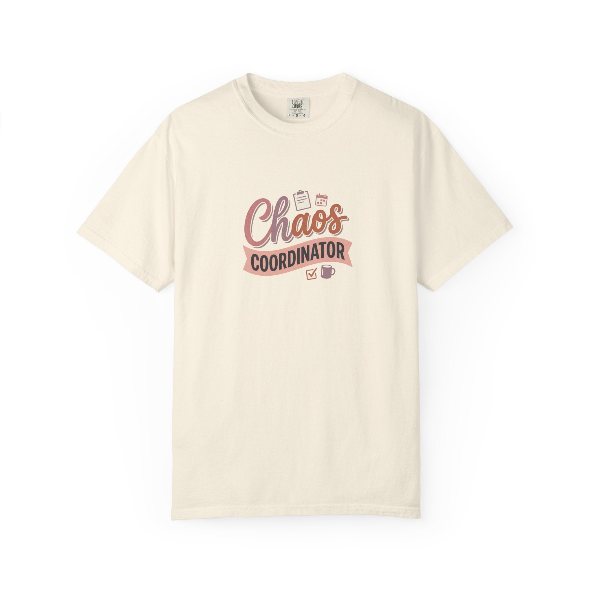 Chaos Coordinator T-shirt | Script lettering, coffee icons, playful design