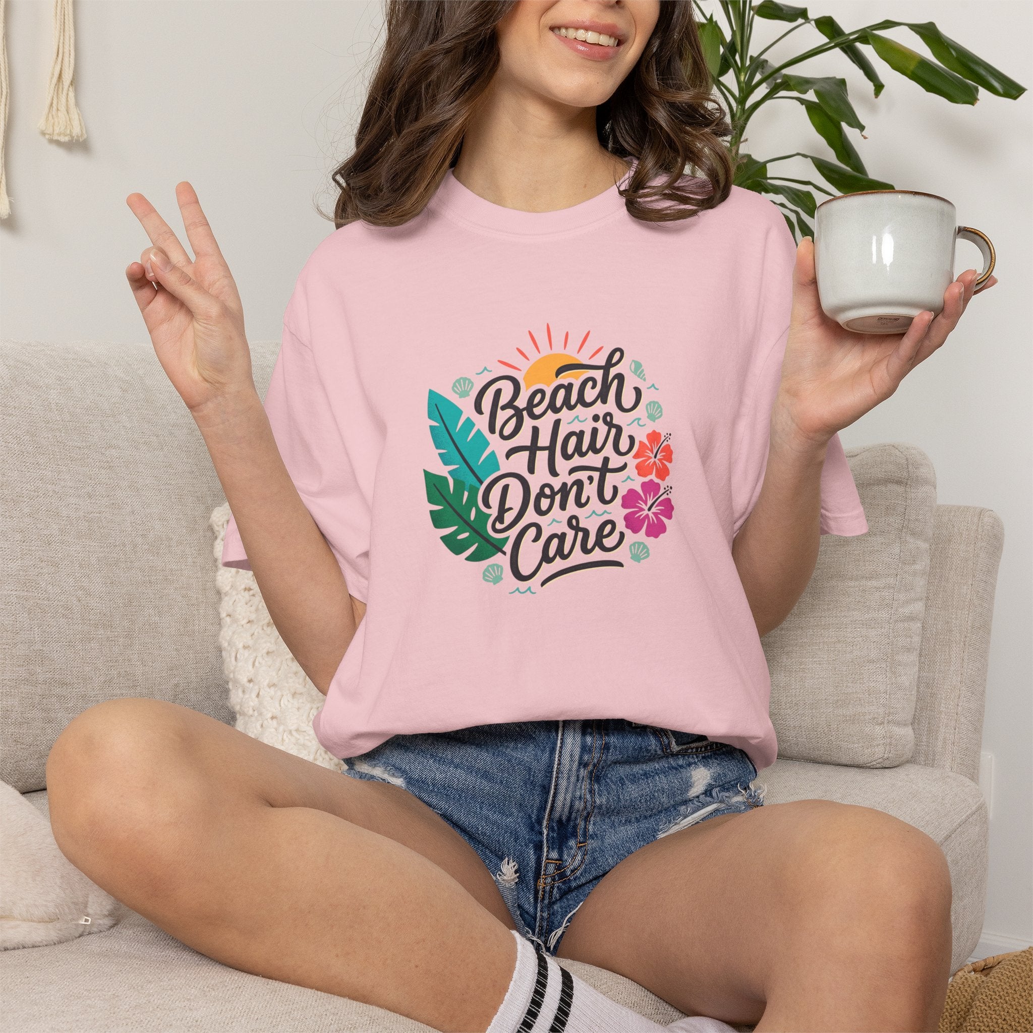 Beach Hair Dont Care TShirt | Tropical Sun, Hibiscus & Palm Leaves