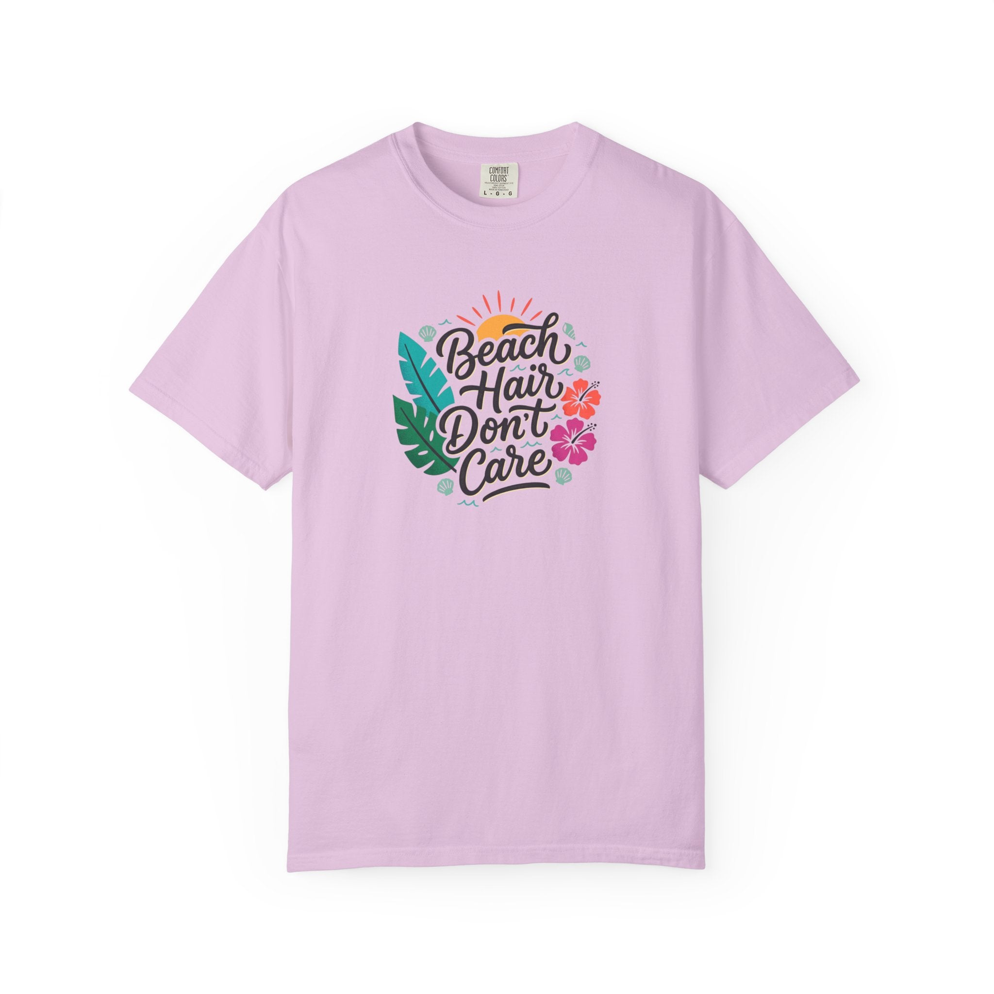 Beach Hair Dont Care TShirt | Tropical Sun, Hibiscus & Palm Leaves
