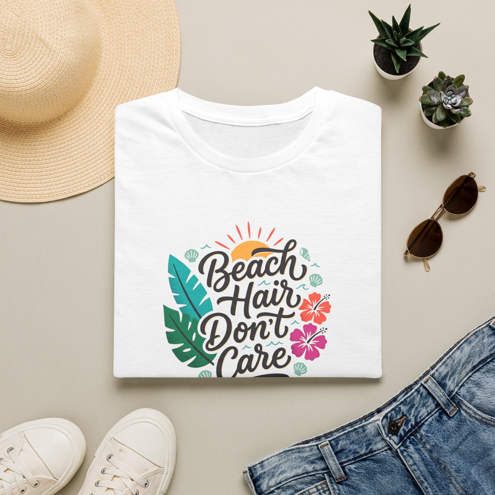 Beach Hair Don't Care T-Shirt | Tropical Hibiscus Sun Design