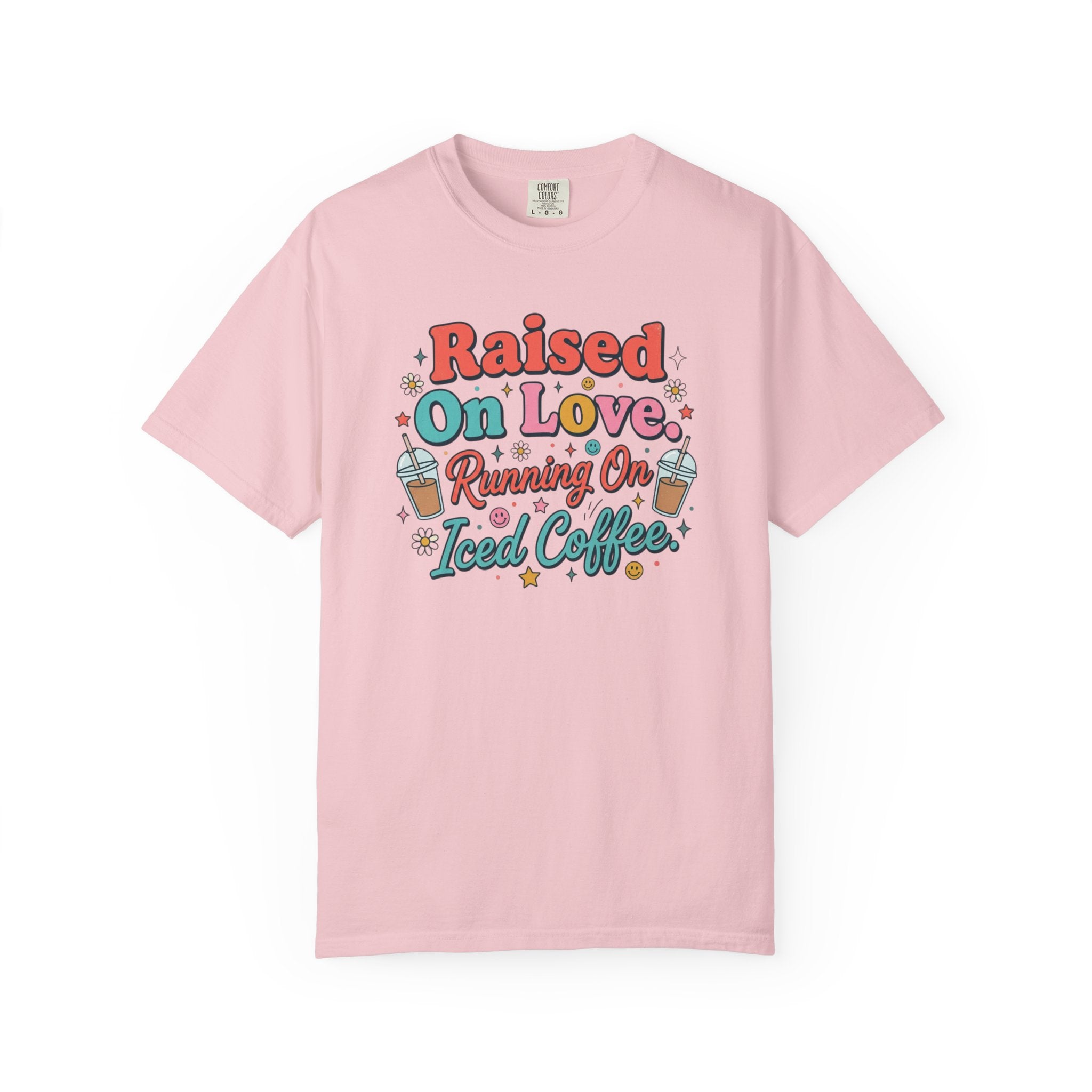 Raised On Love Running On Iced Coffee T-shirt | Retro Coffee Quote