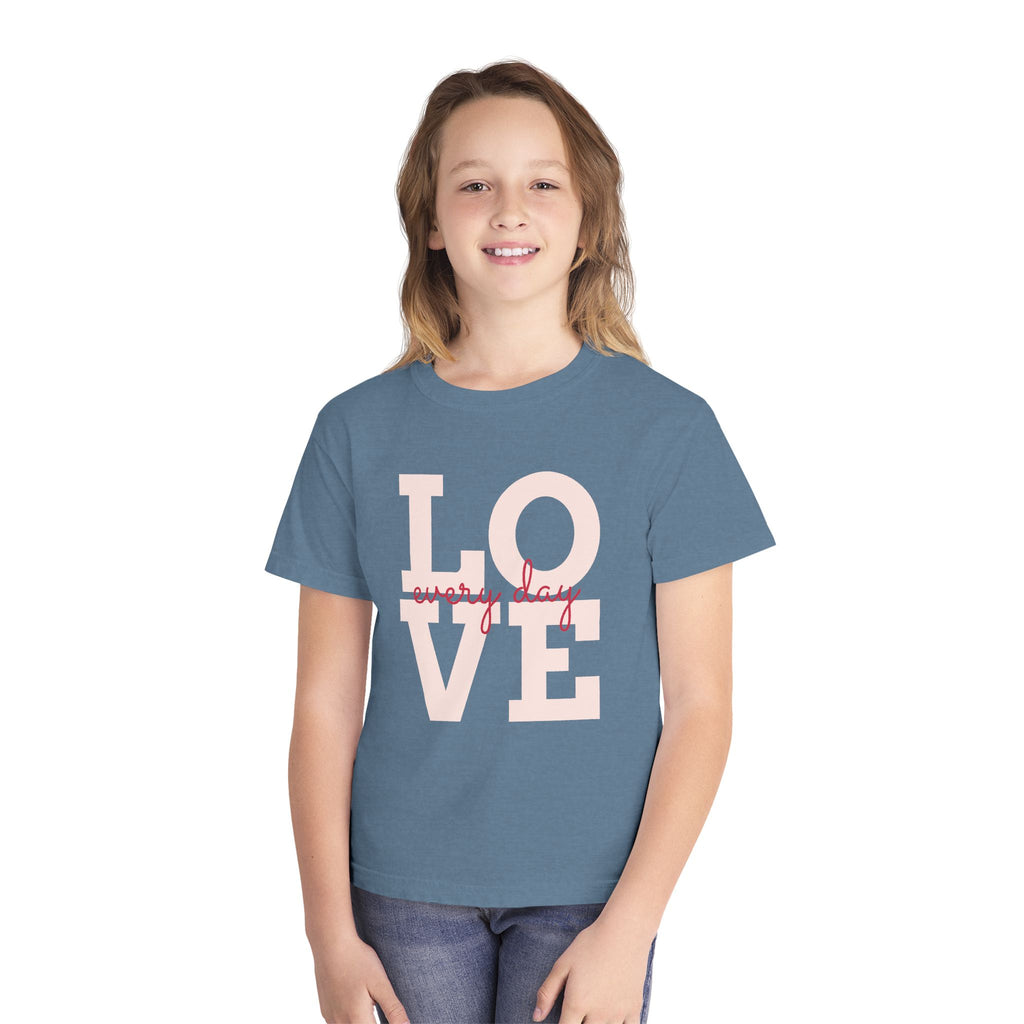 LOVE block letters with script overlay Youth Tee | pink text on charcoal