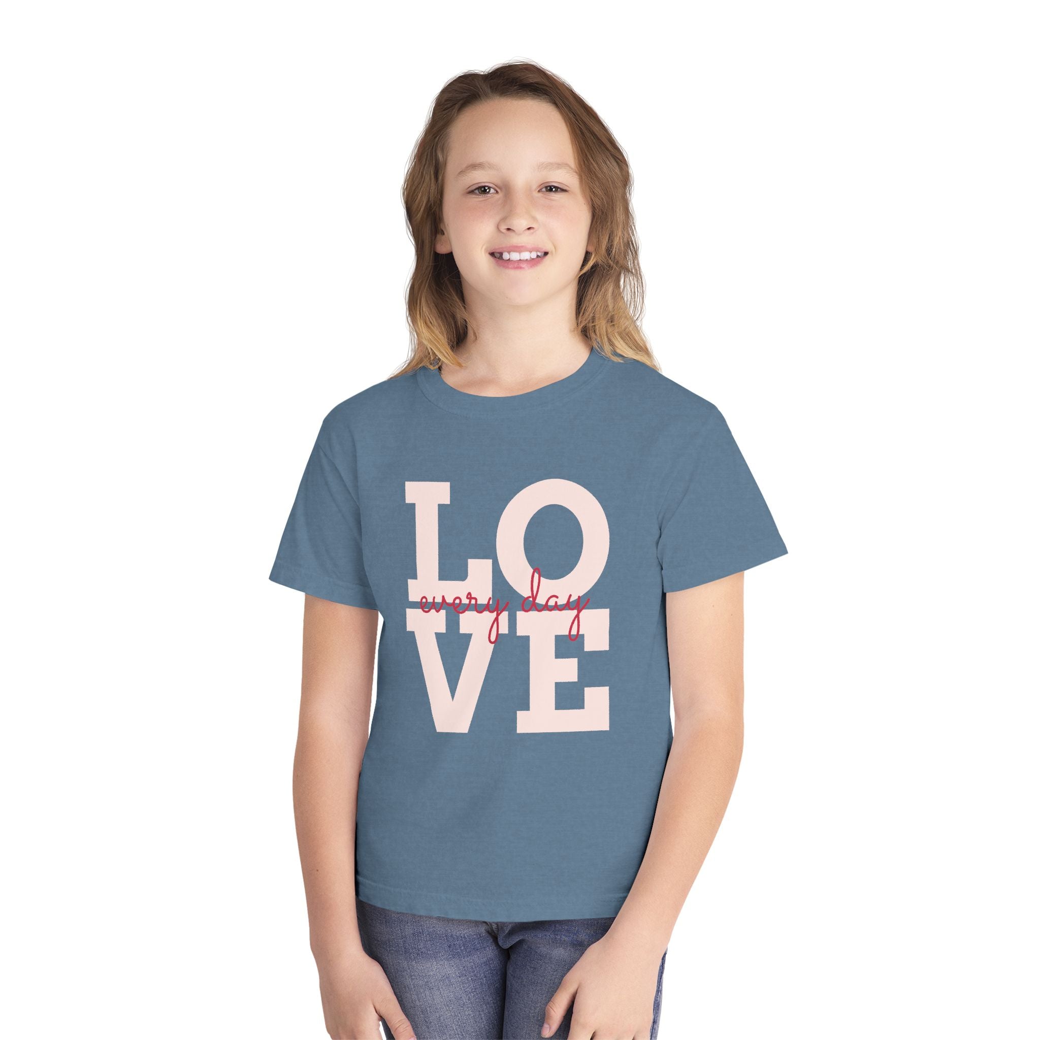 LOVE block letters with script overlay Youth Tee | pink text on charcoal