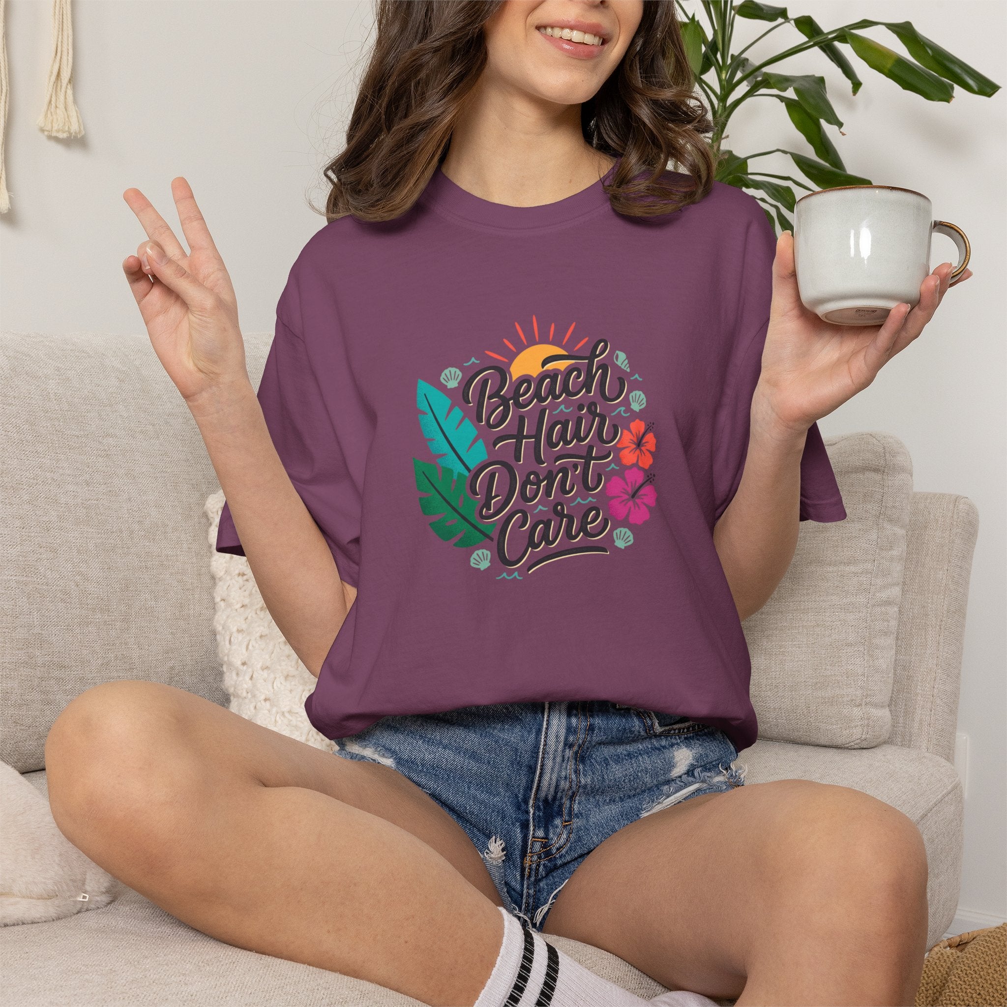 Beach Hair Dont Care TShirt | Tropical Sun, Hibiscus & Palm Leaves