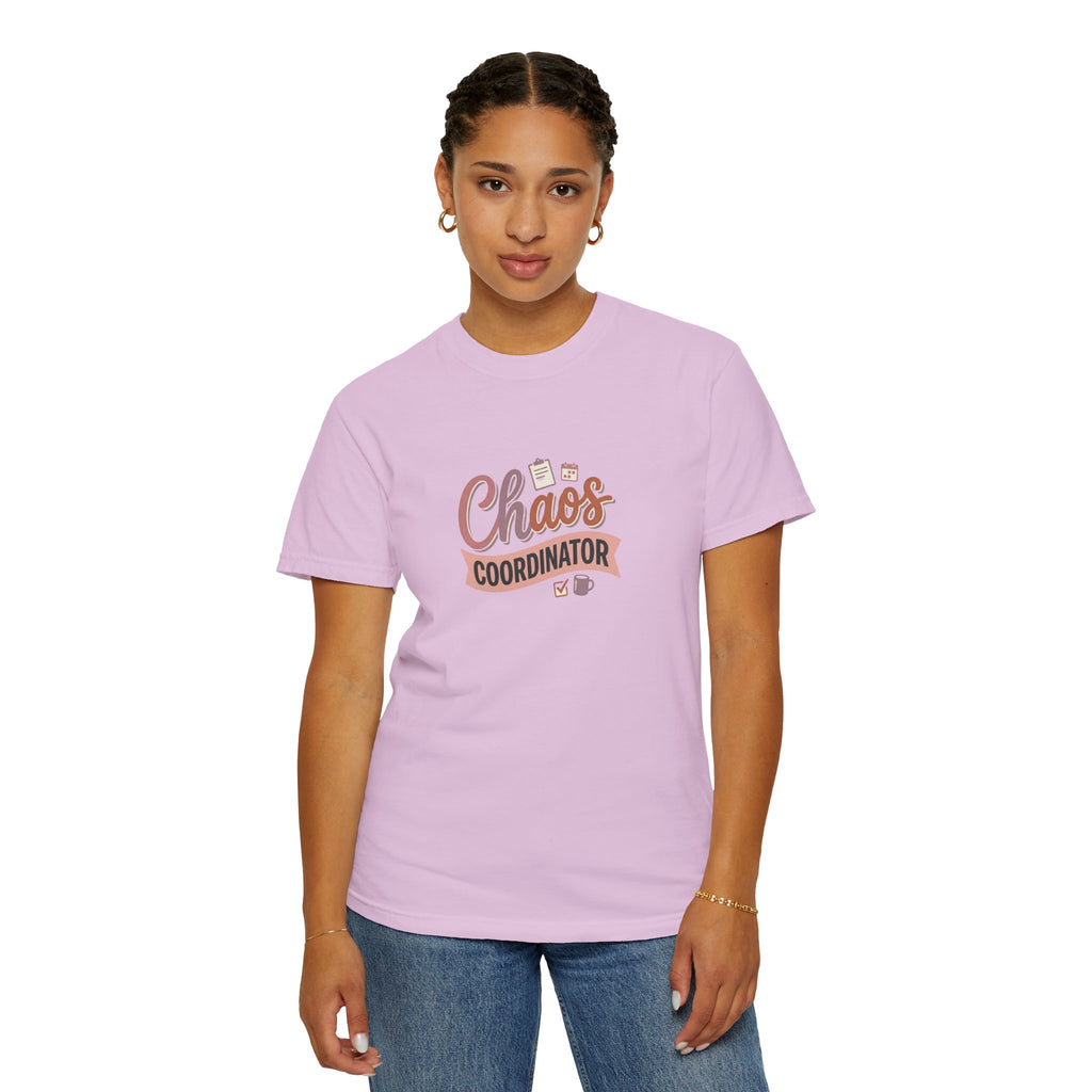 Chaos Coordinator T-shirt | Script lettering, coffee icons, playful design