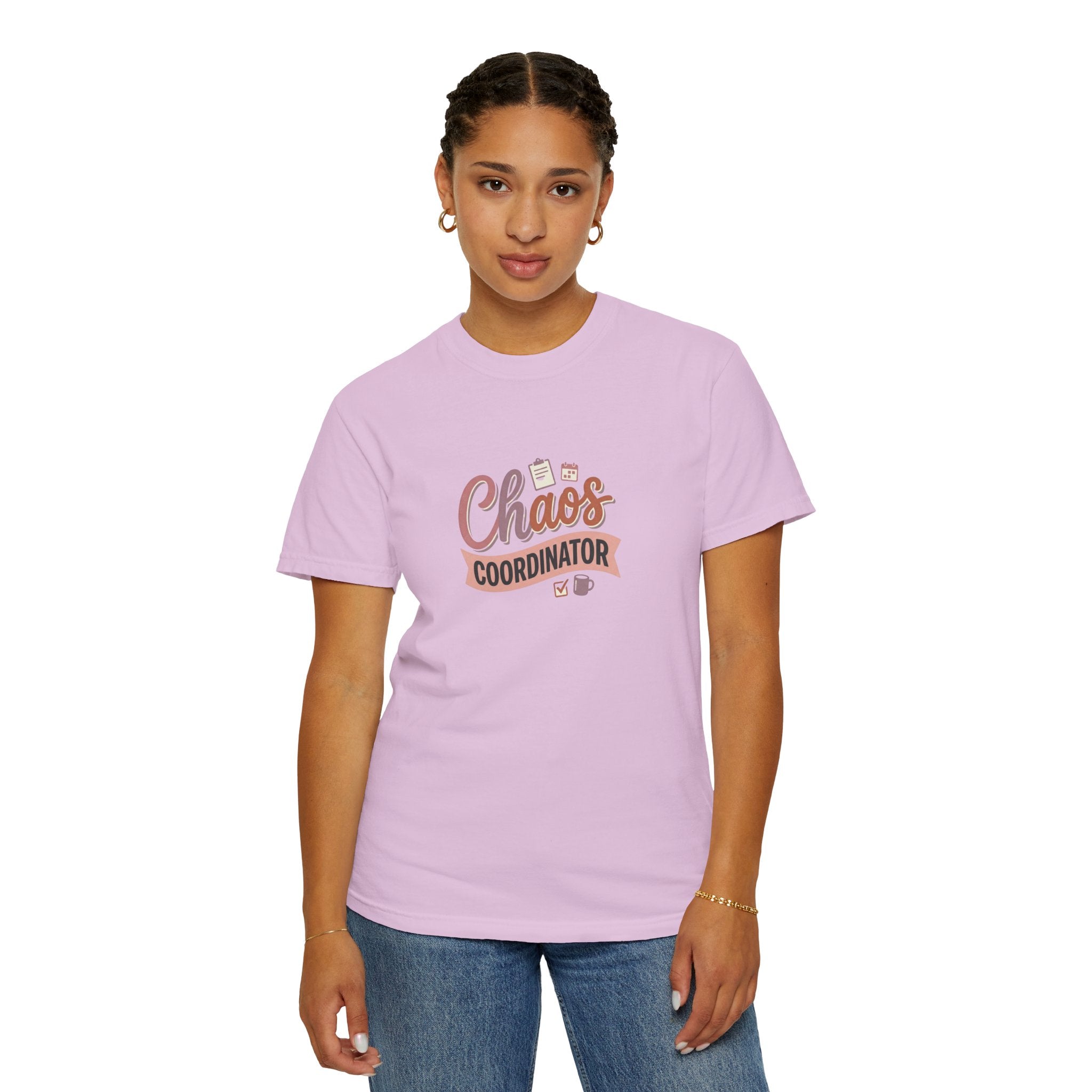 Chaos Coordinator T-shirt | Script lettering, coffee icons, playful design