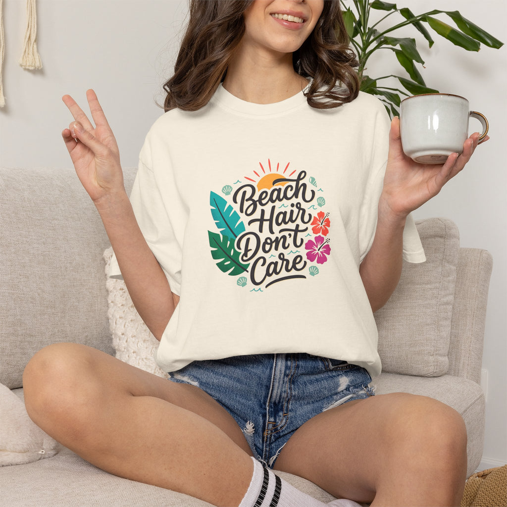 Beach Hair Dont Care TShirt | Tropical Sun, Hibiscus & Palm Leaves