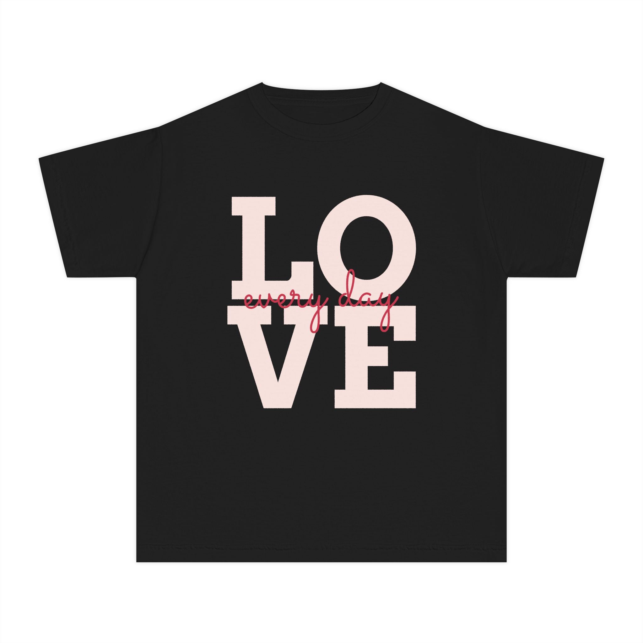 LOVE block letters with script overlay Youth Tee | pink text on charcoal