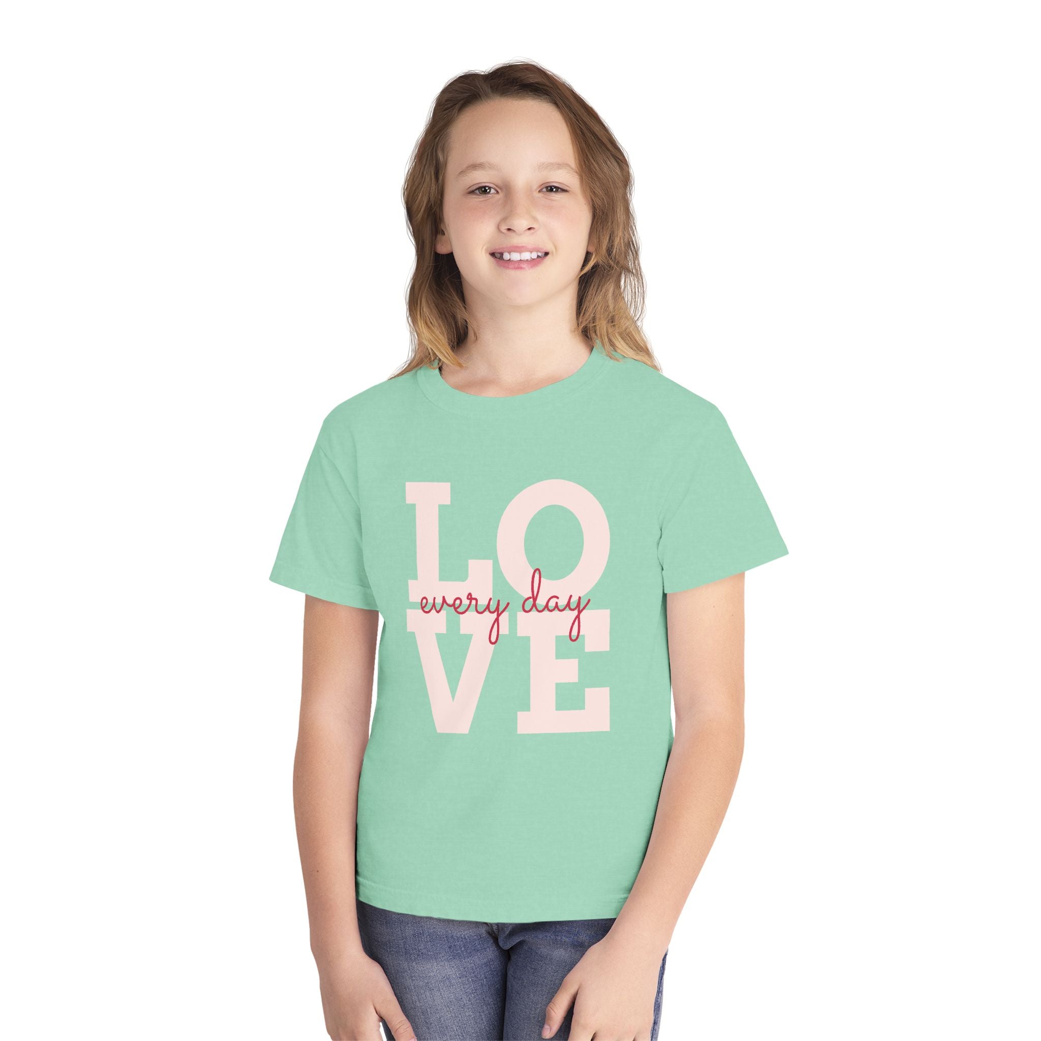 LOVE block letters with script overlay Youth Tee | pink text on charcoal
