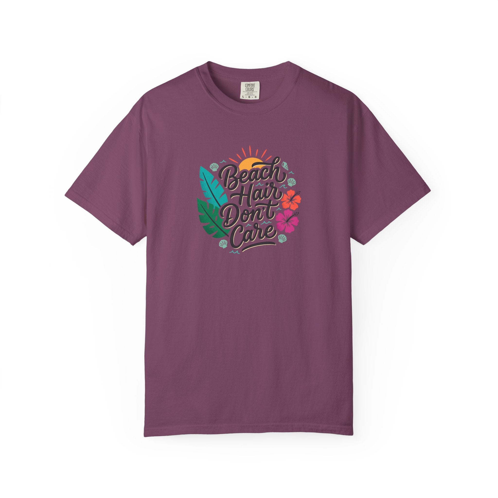 Beach Hair Dont Care TShirt | Tropical Sun, Hibiscus & Palm Leaves