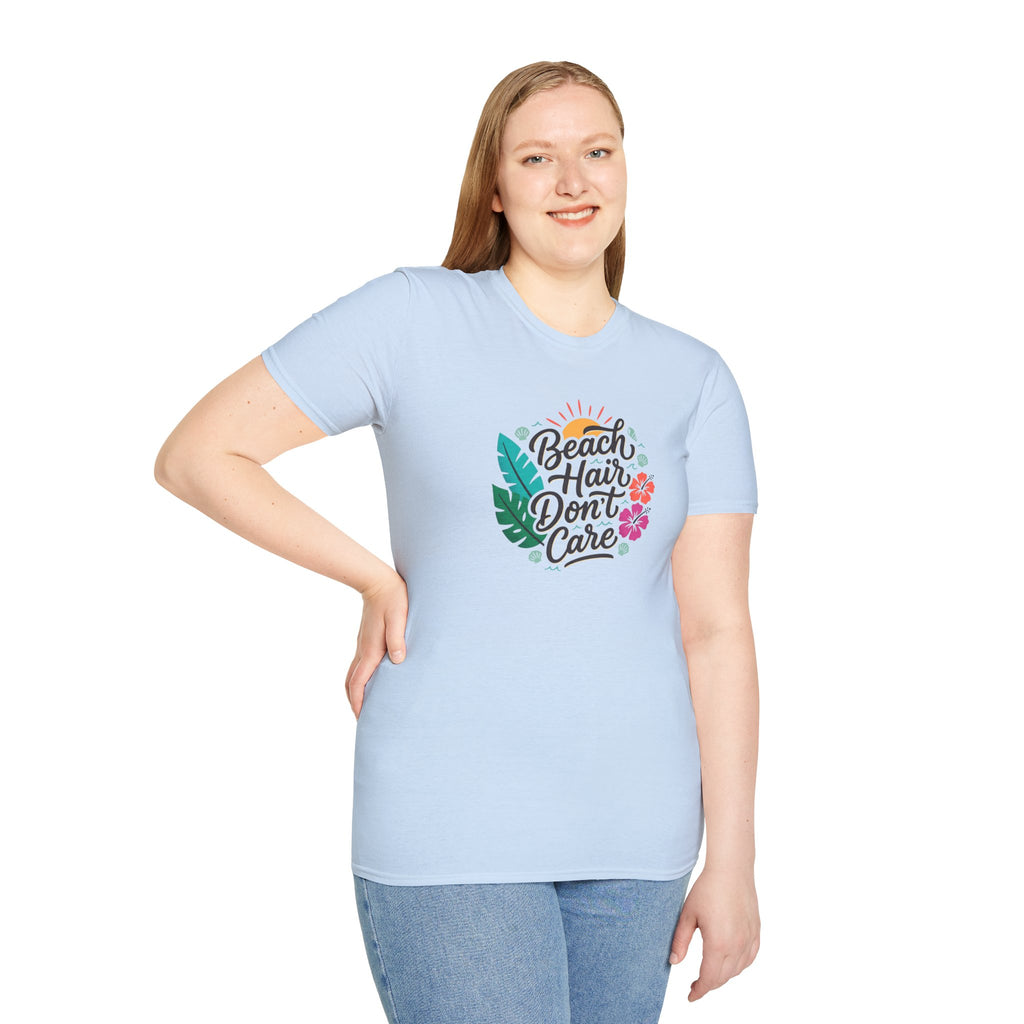 Beach Hair Don't Care T-Shirt | Tropical Hibiscus Sun Design