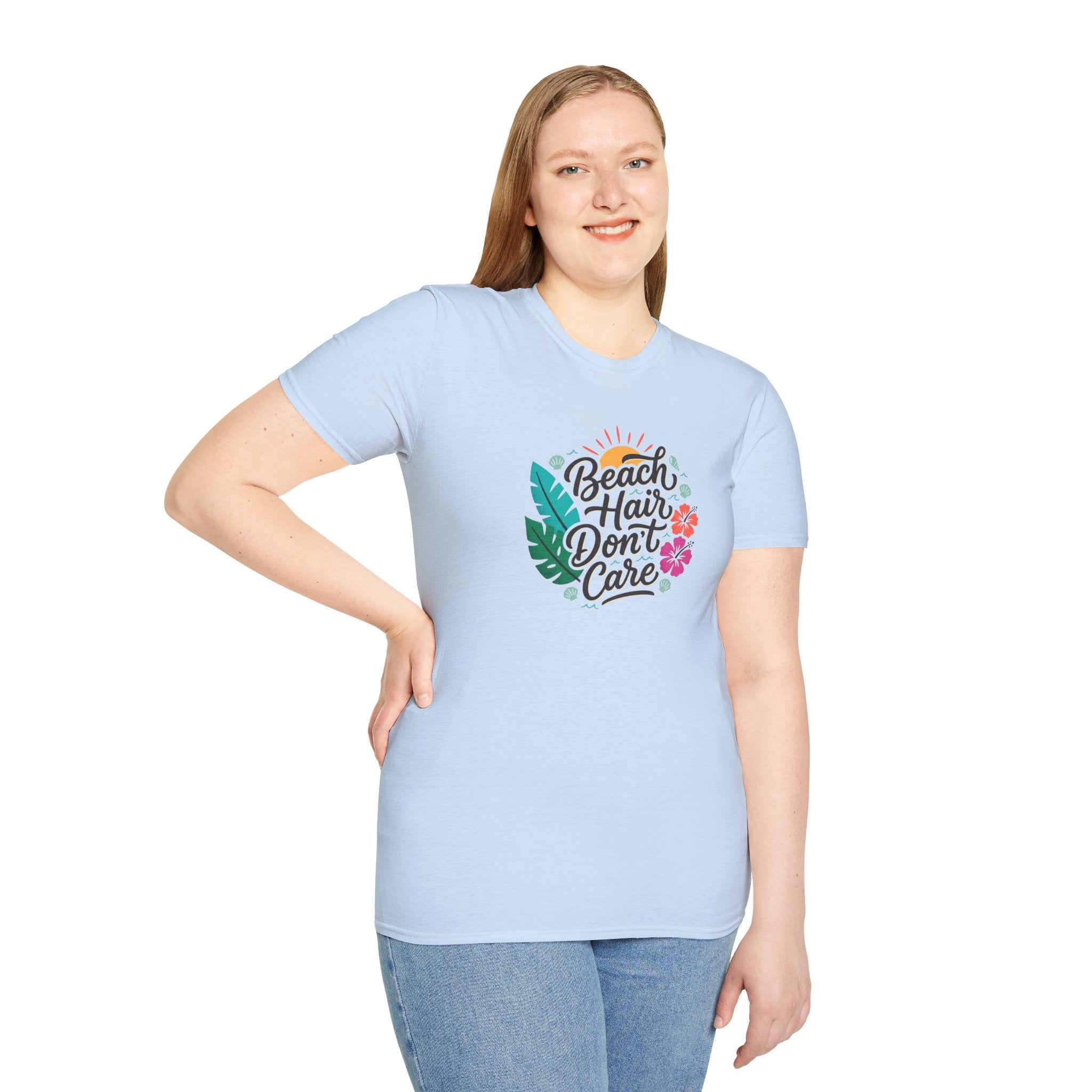 Beach Hair Don't Care T-Shirt | Tropical Hibiscus Sun Design