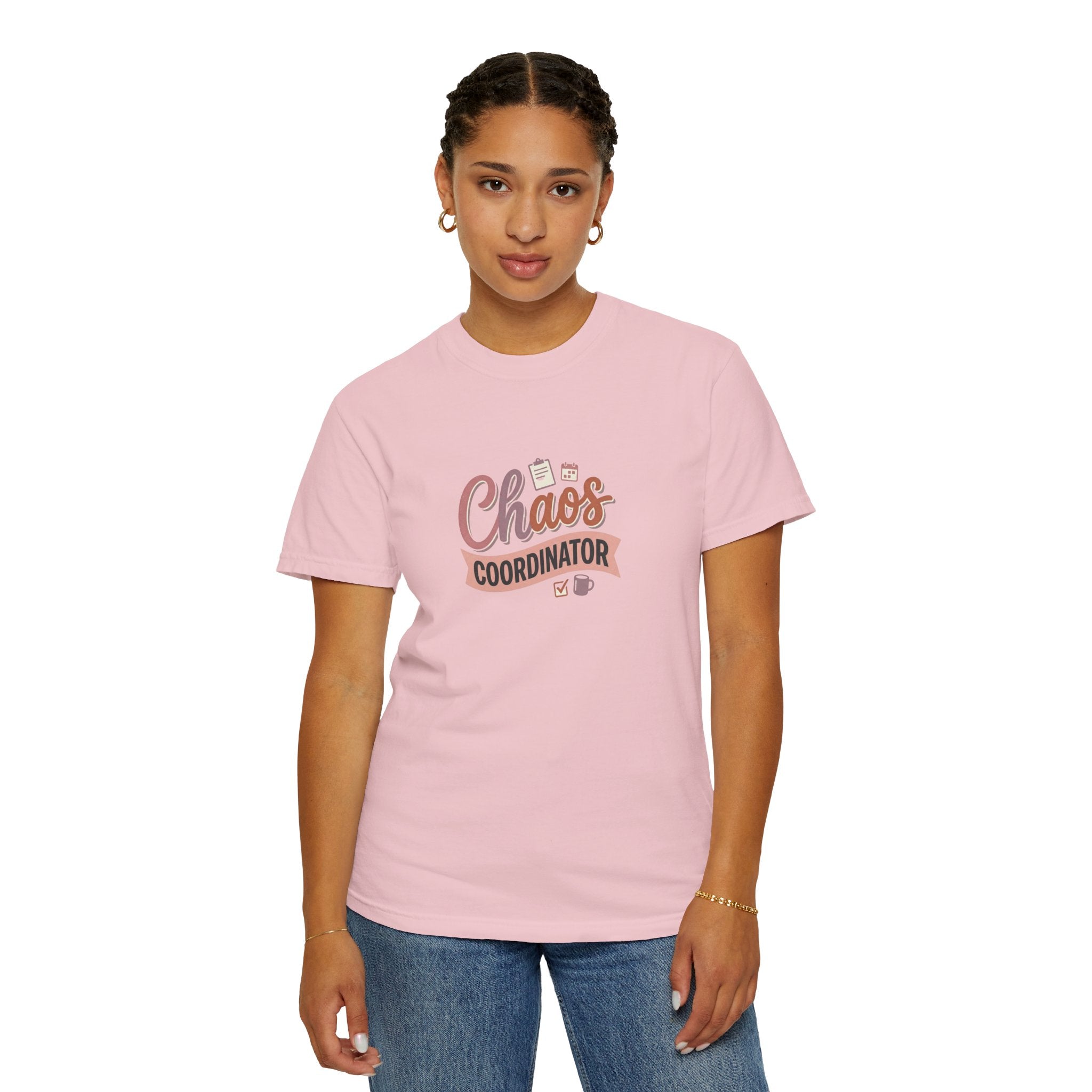 Chaos Coordinator T-shirt | Script lettering, coffee icons, playful design