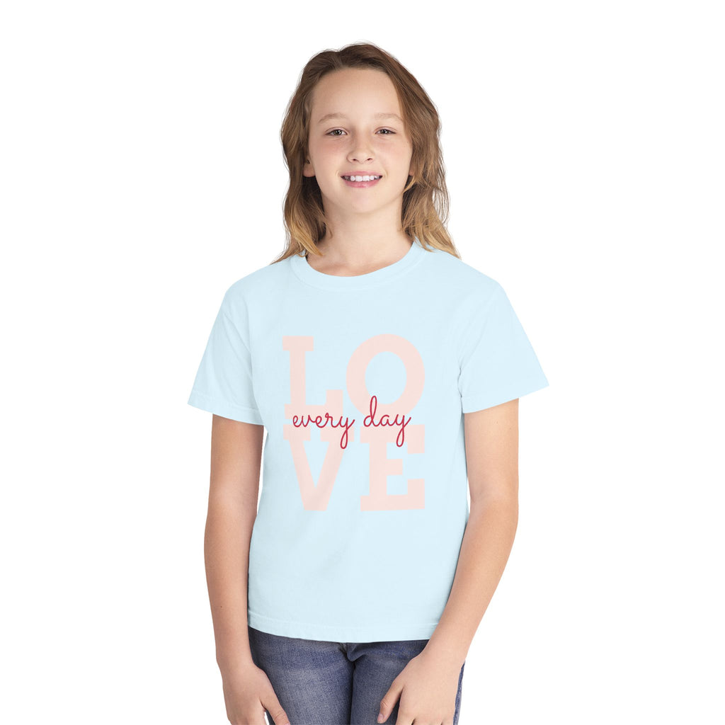 LOVE block letters with script overlay Youth Tee | pink text on charcoal