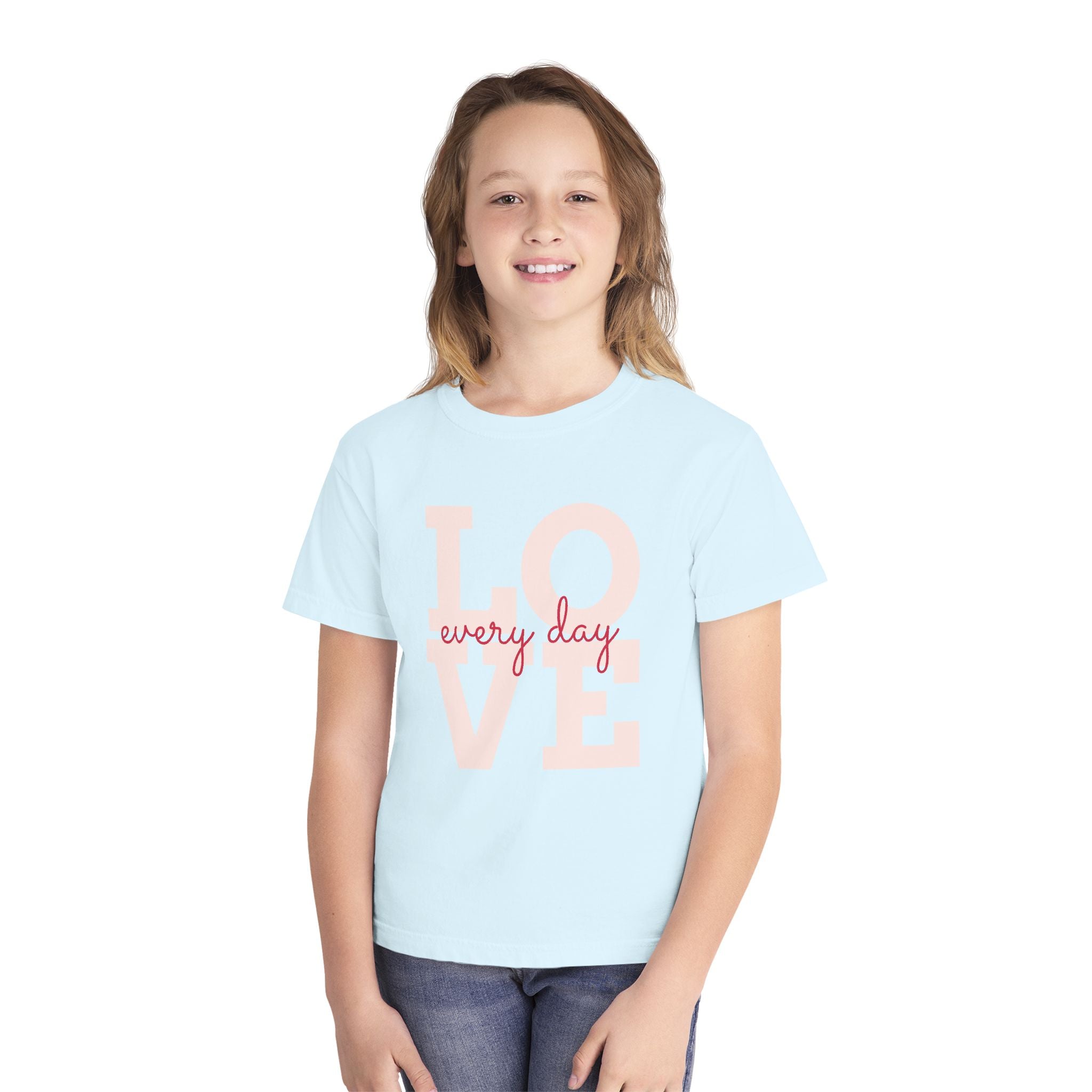 LOVE block letters with script overlay Youth Tee | pink text on charcoal