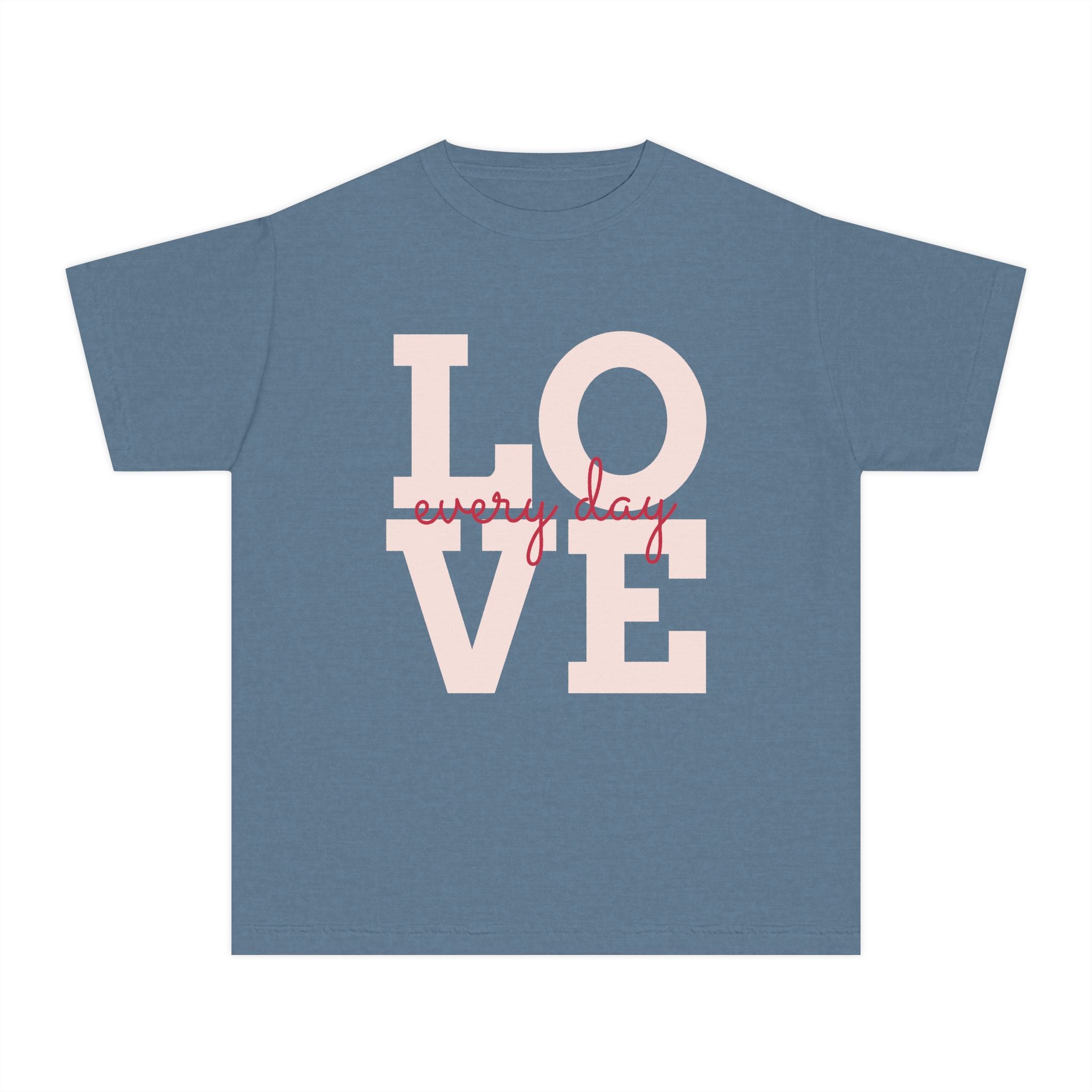 LOVE block letters with script overlay Youth Tee | pink text on charcoal
