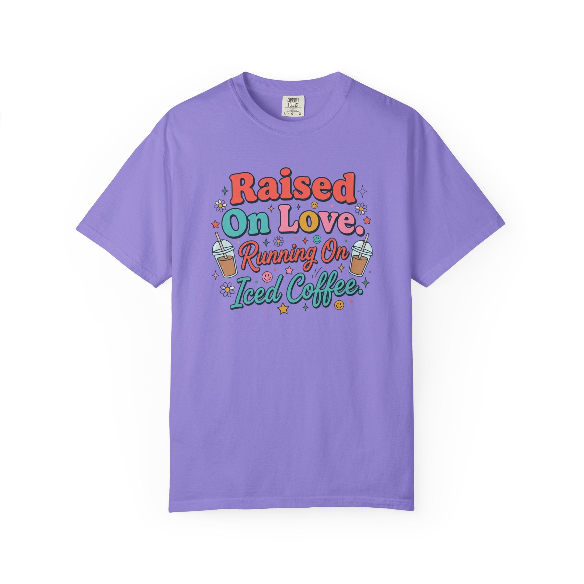 Raised On Love Running On Iced Coffee T-shirt | Retro Coffee Quote
