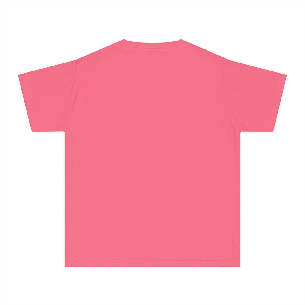 LOVE block letters with script overlay Youth Tee | pink text on charcoal