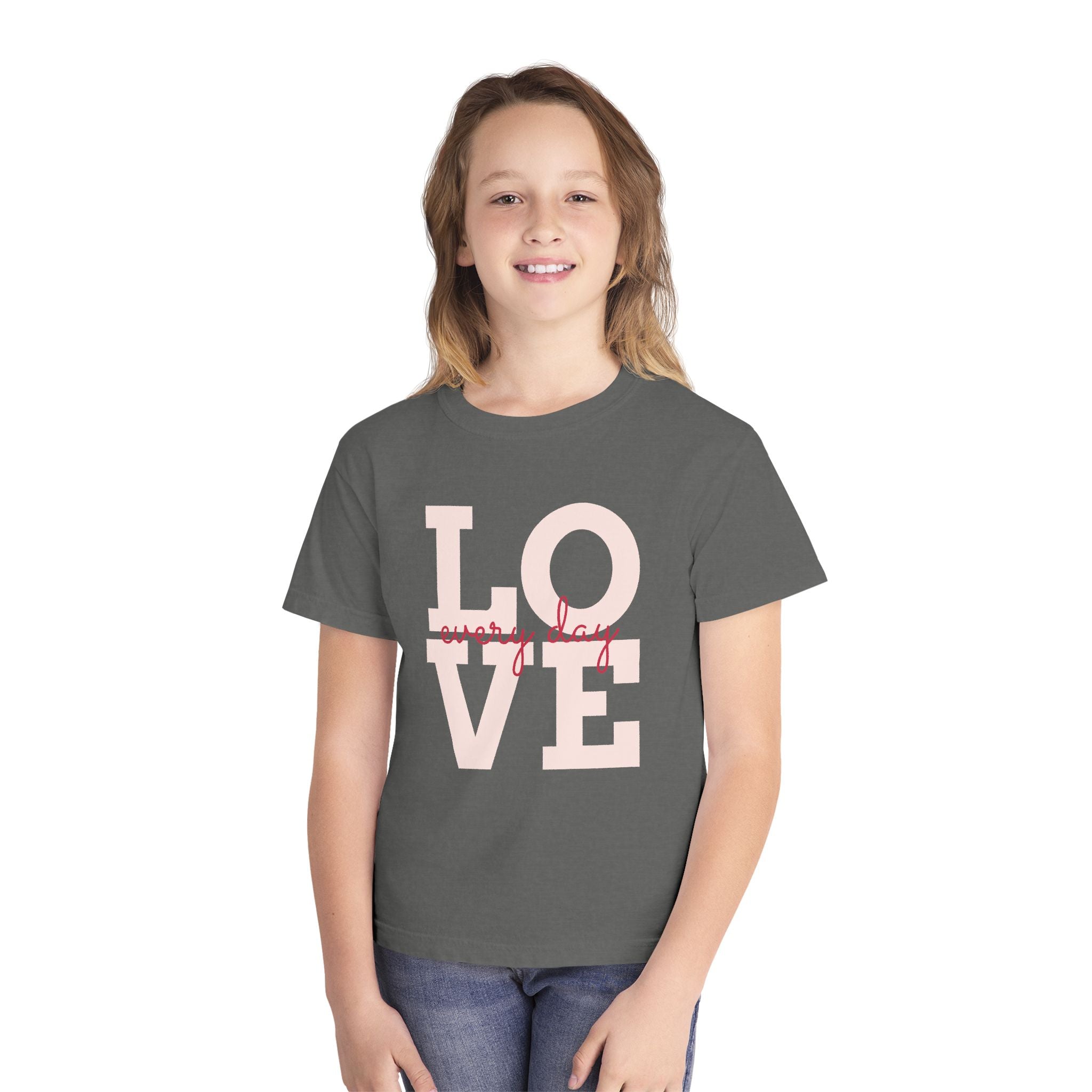 LOVE block letters with script overlay Youth Tee | pink text on charcoal