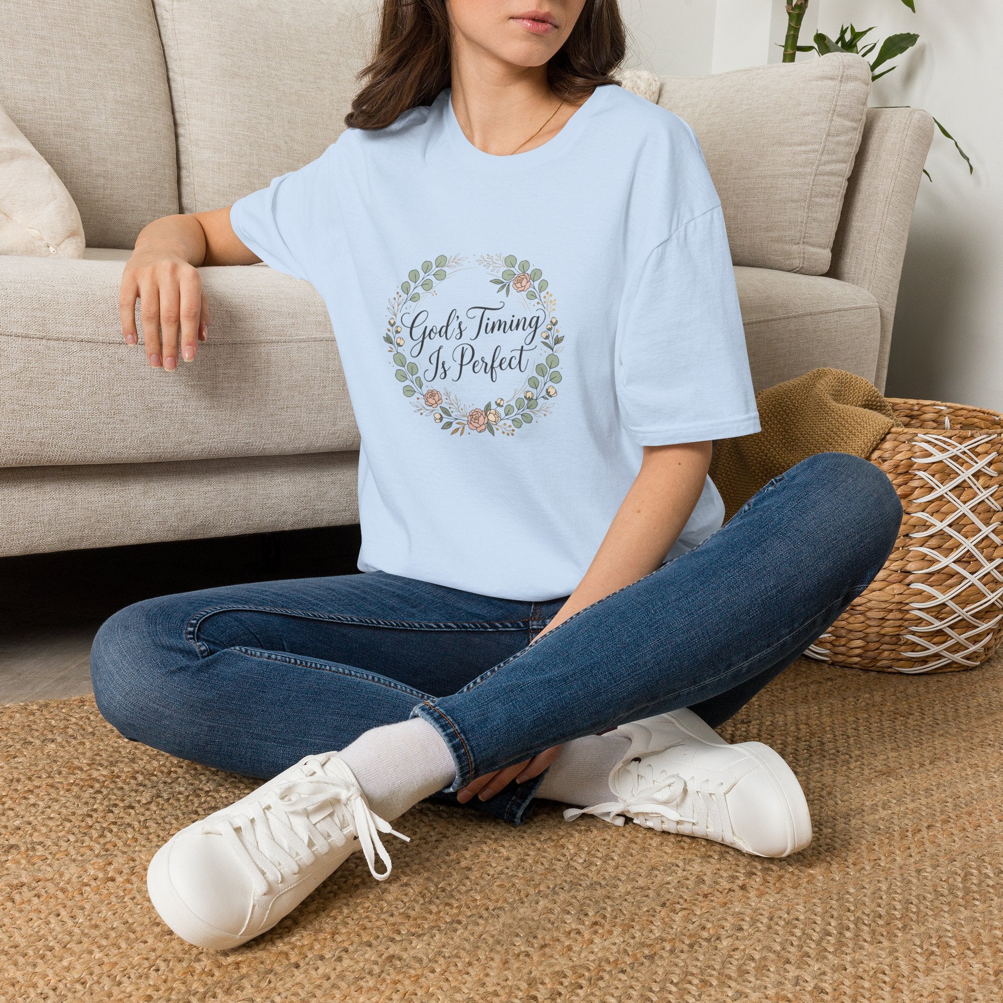 God's Timing Is Perfect T-Shirt | Floral Wreath Christian Faith Tee