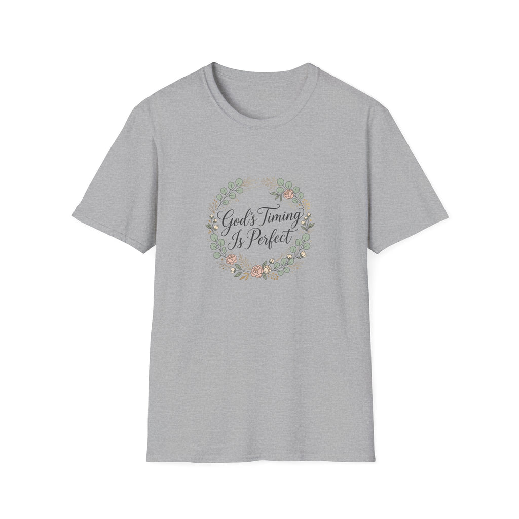 God's Timing Is Perfect T-Shirt | Floral Wreath Christian Faith Tee