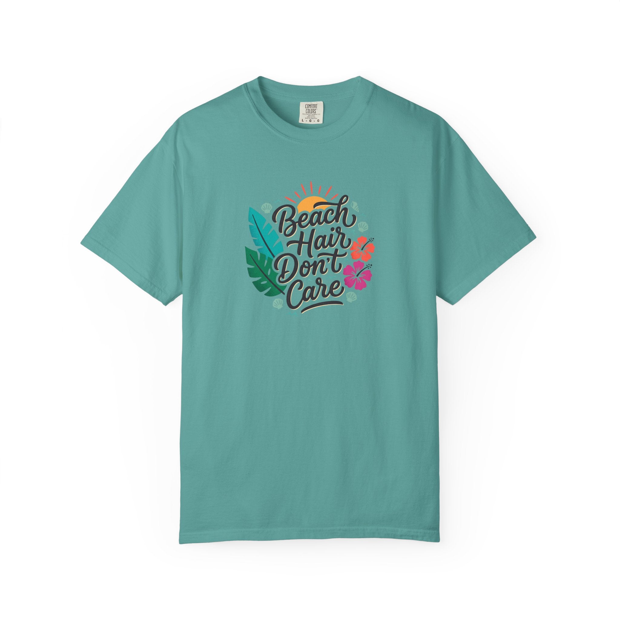 Beach Hair Dont Care TShirt | Tropical Sun, Hibiscus & Palm Leaves