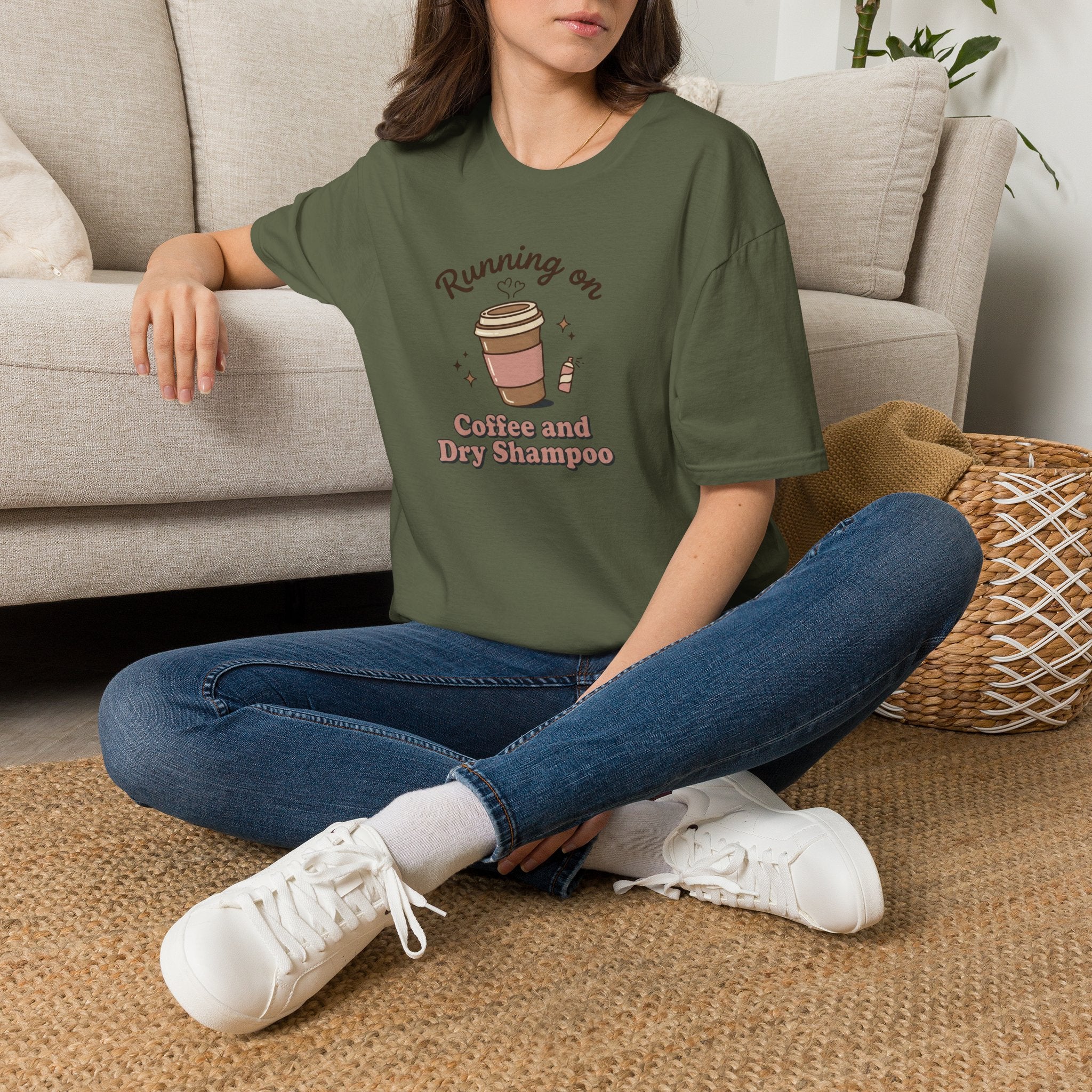 Running on Coffee and Dry Shampoo T-Shirt | Coffee Cup Graphic Tee