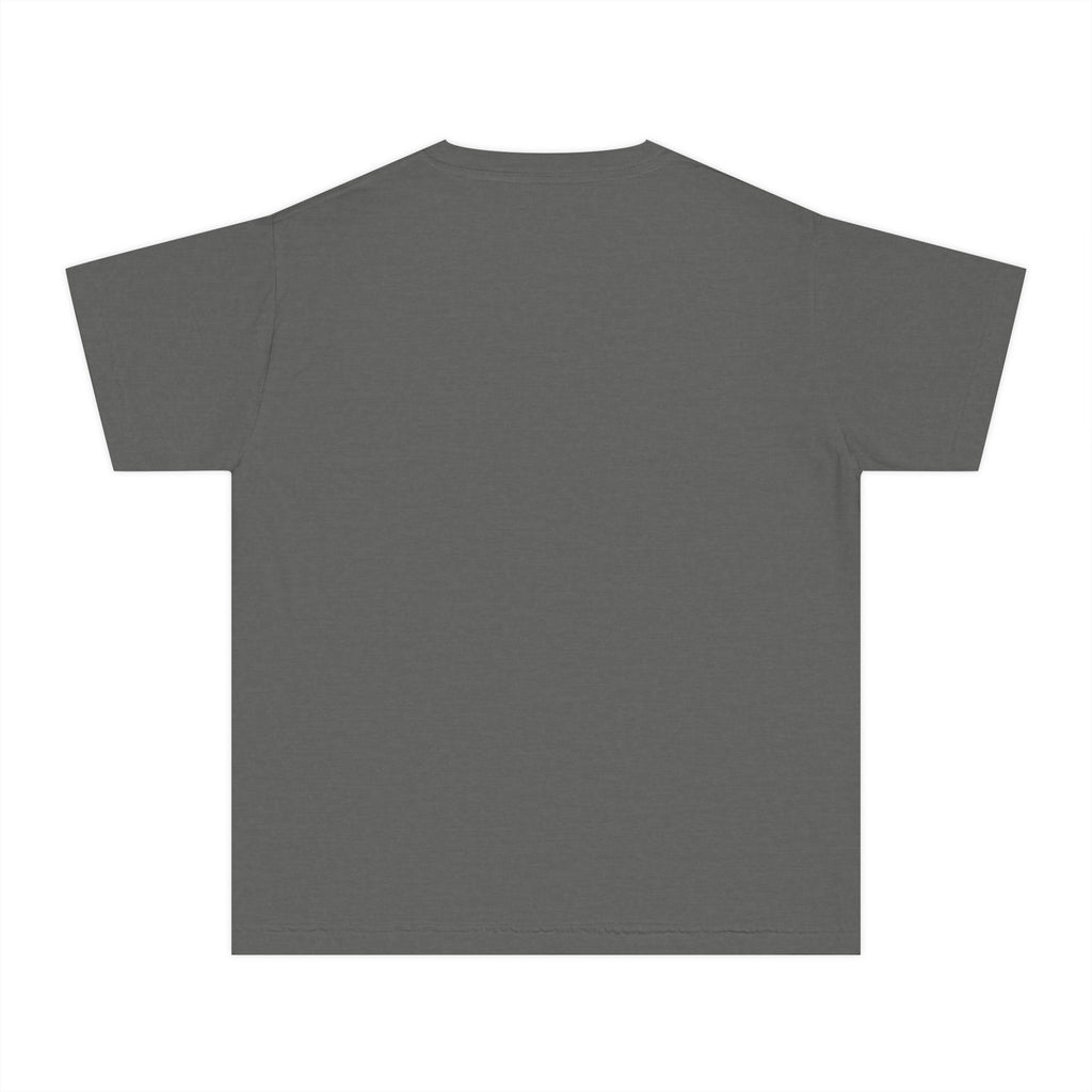 LOVE block letters with script overlay Youth Tee | pink text on charcoal