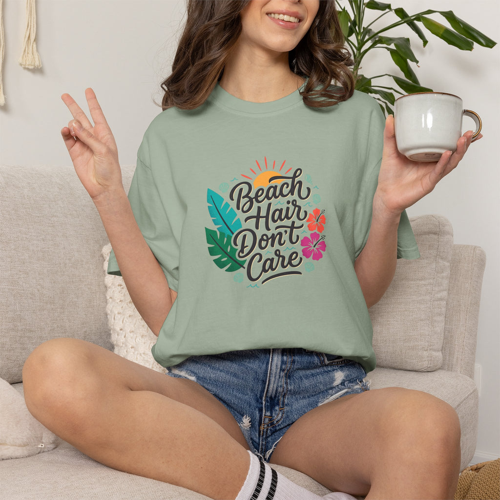 Beach Hair Dont Care TShirt | Tropical Sun, Hibiscus & Palm Leaves