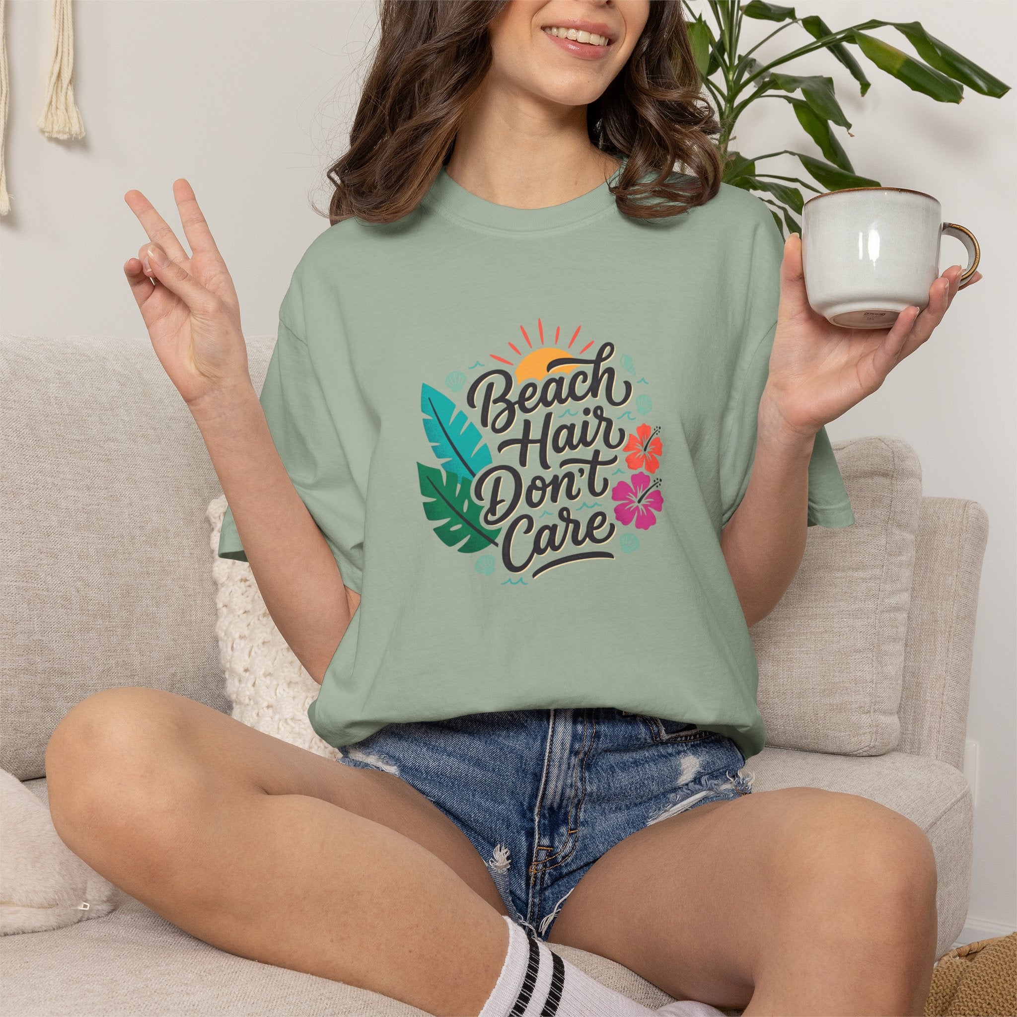 Beach Hair Dont Care TShirt | Tropical Sun, Hibiscus & Palm Leaves