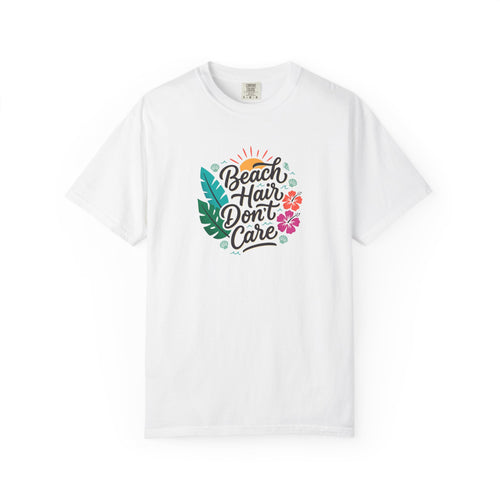 Beach Hair Dont Care TShirt | Tropical Sun, Hibiscus & Palm Leaves