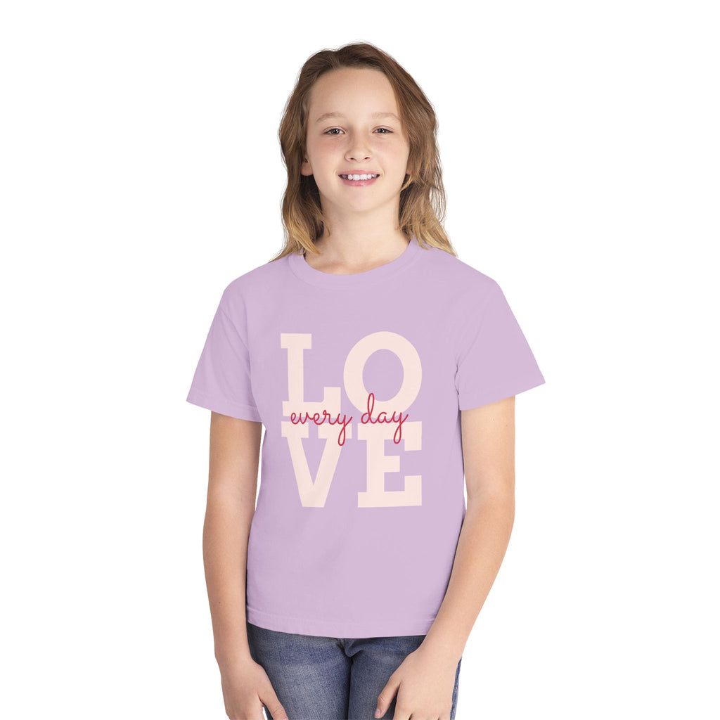 LOVE block letters with script overlay Youth Tee | pink text on charcoal