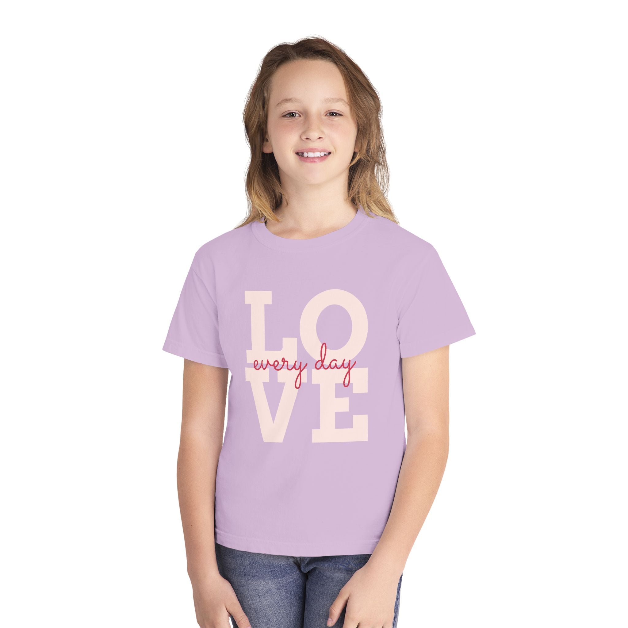 LOVE block letters with script overlay Youth Tee | pink text on charcoal