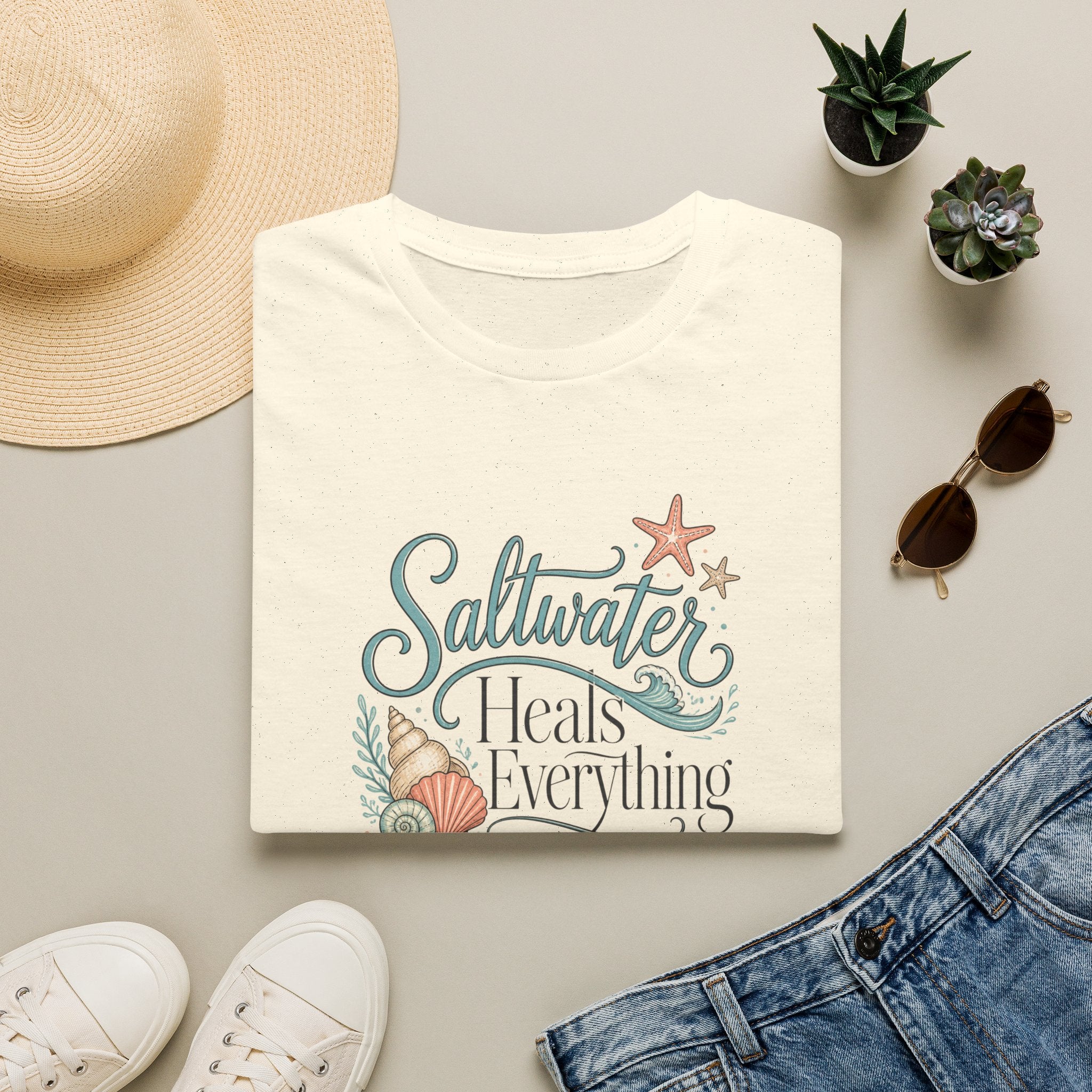 Saltwater Heals Everything T-Shirt | Beach Seashell Starfish Design