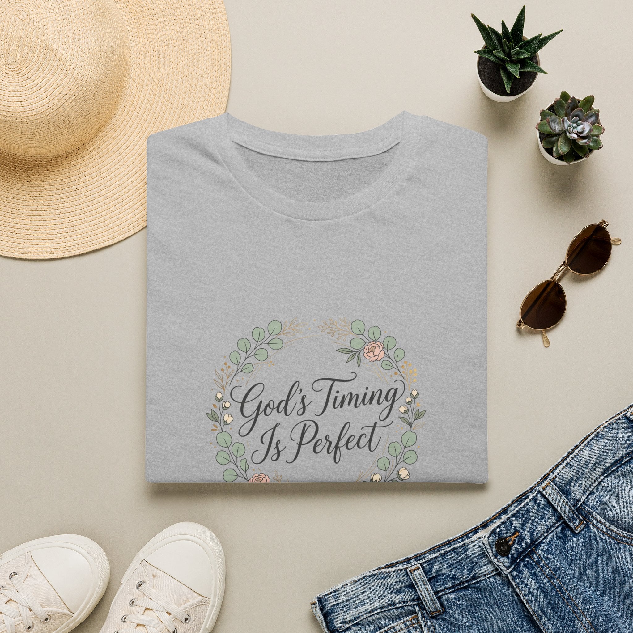 God's Timing Is Perfect T-Shirt | Floral Wreath Christian Faith Tee
