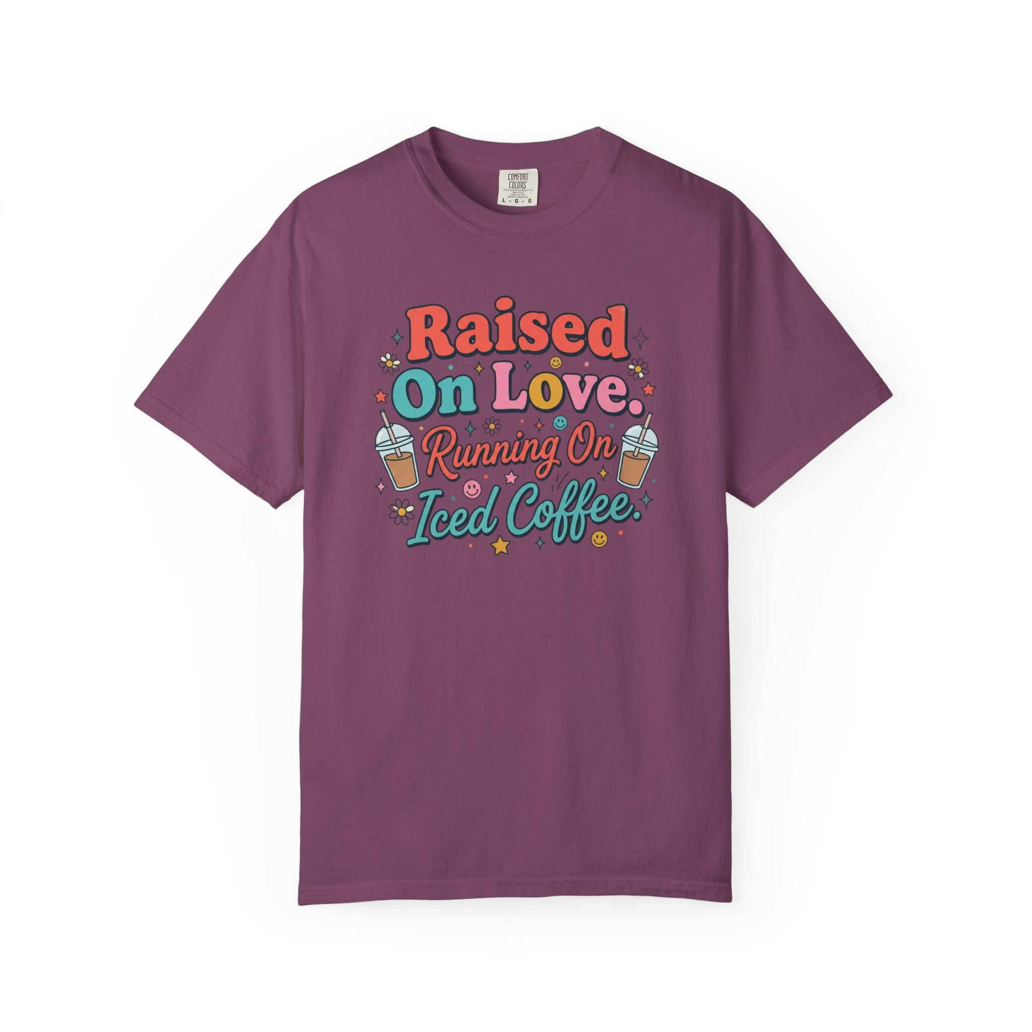 Raised On Love Running On Iced Coffee T-shirt | Retro Coffee Quote