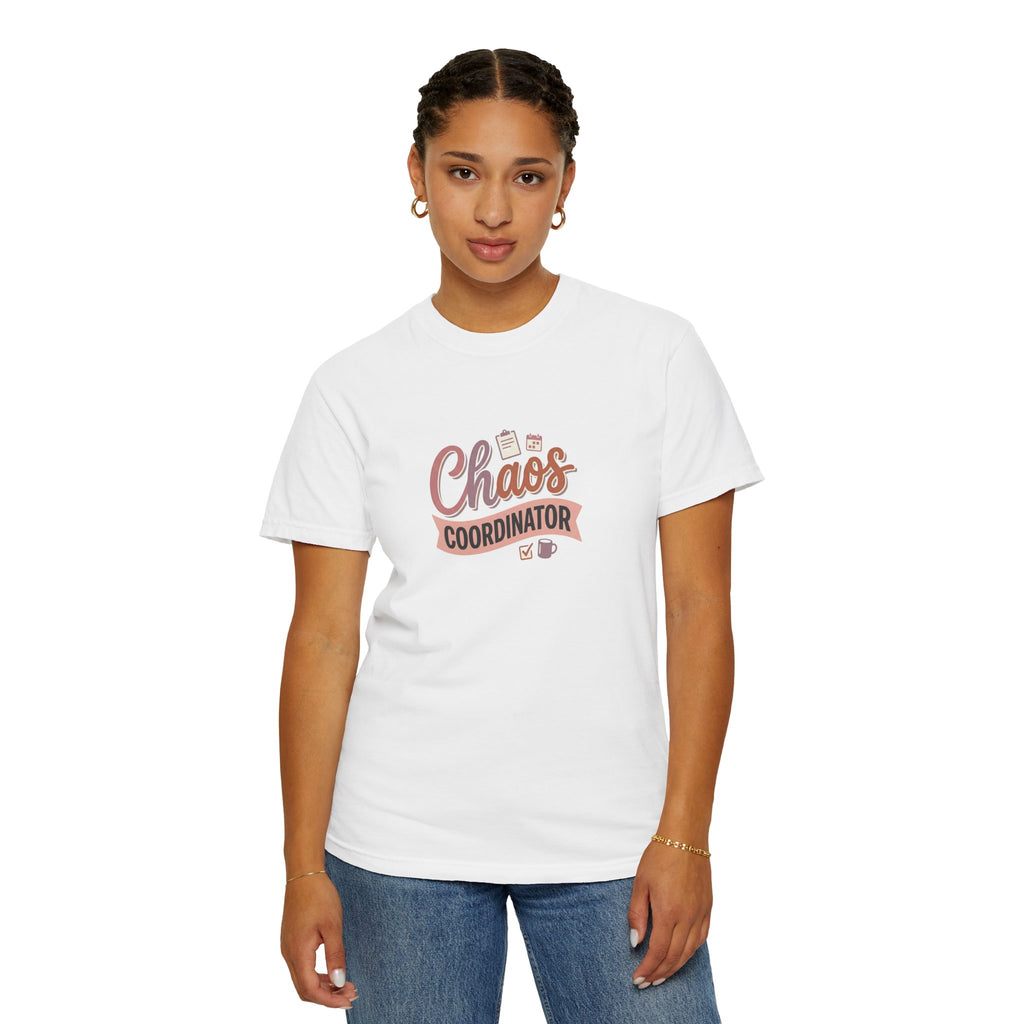 Chaos Coordinator T-shirt | Script lettering, coffee icons, playful design