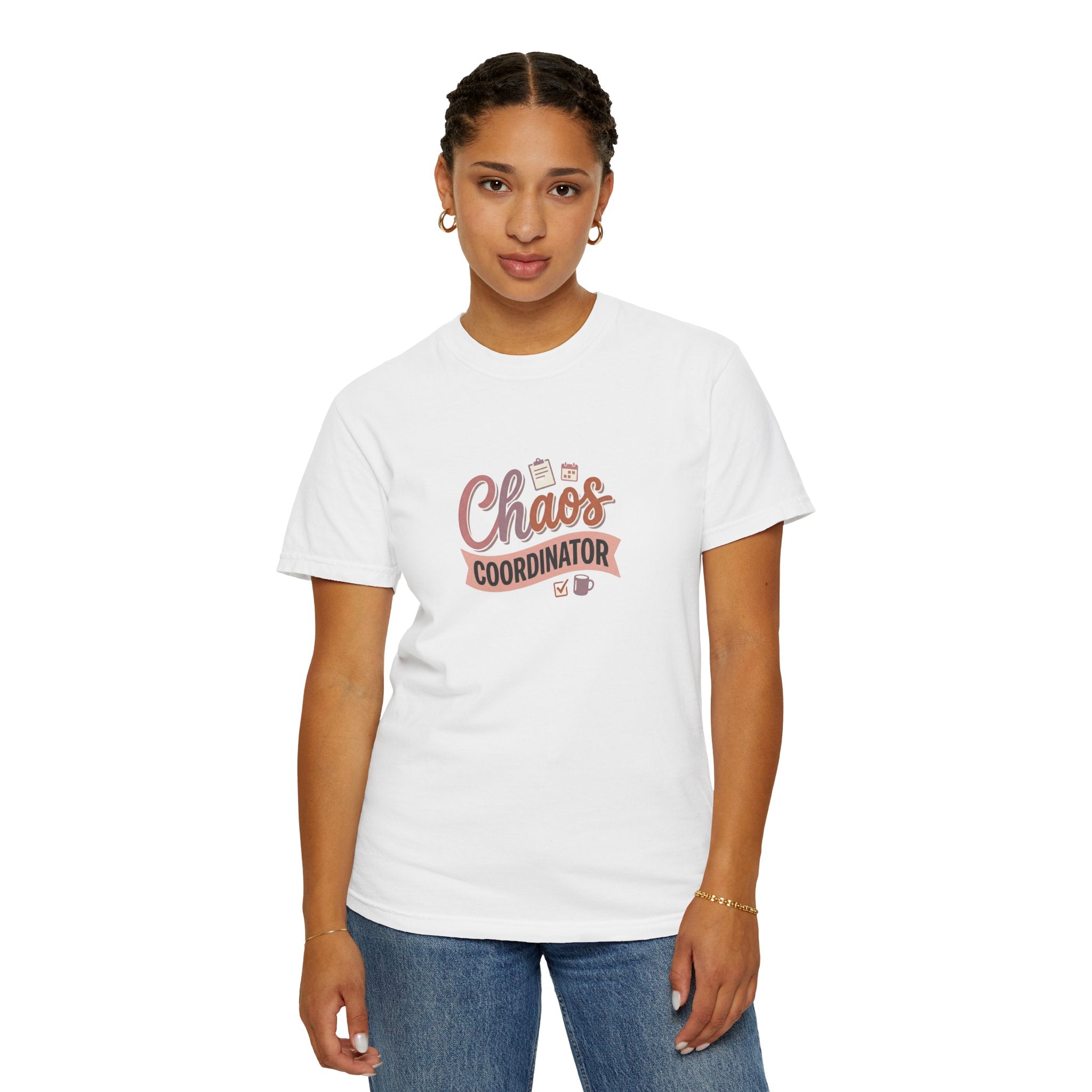 Chaos Coordinator T-shirt | Script lettering, coffee icons, playful design