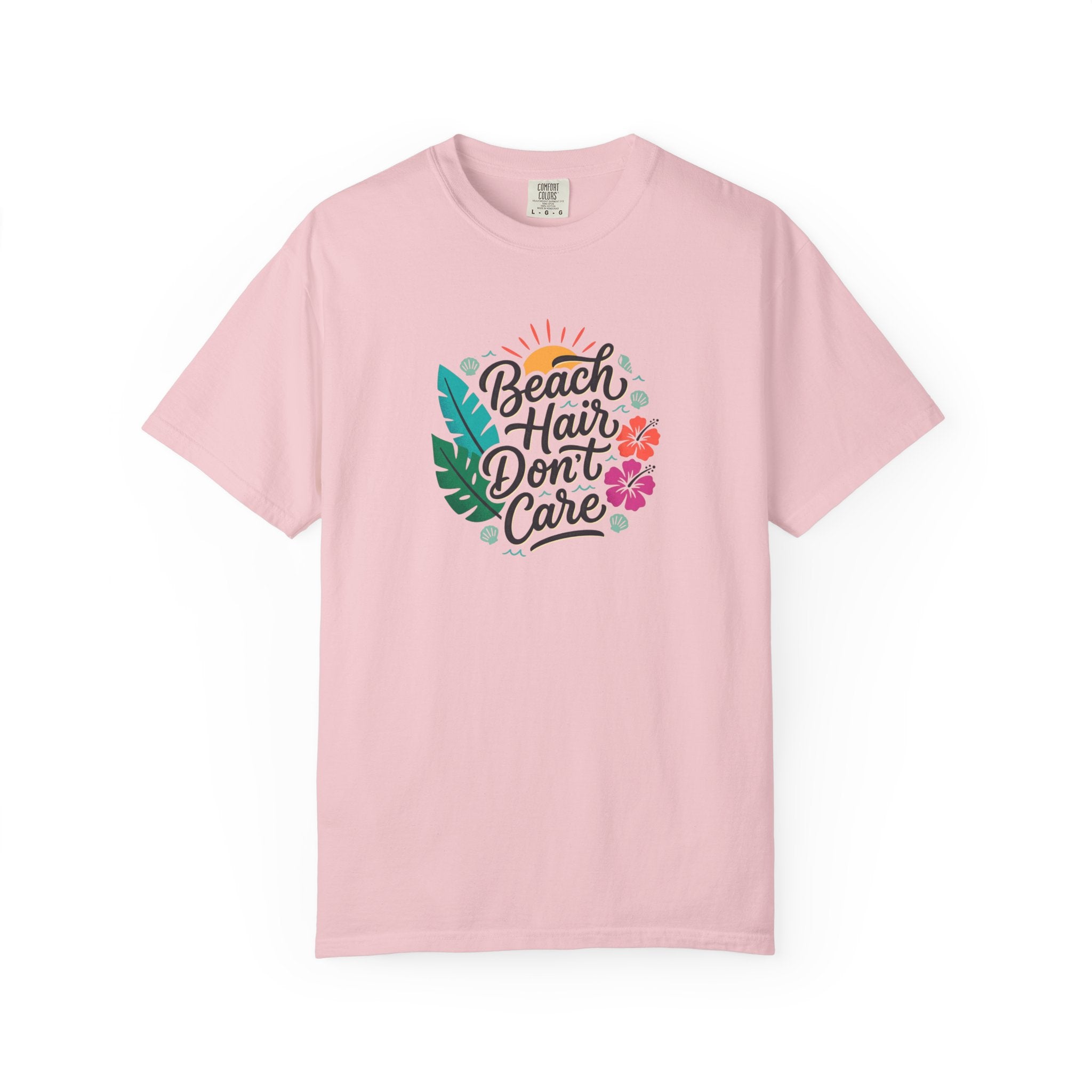 Beach Hair Dont Care TShirt | Tropical Sun, Hibiscus & Palm Leaves