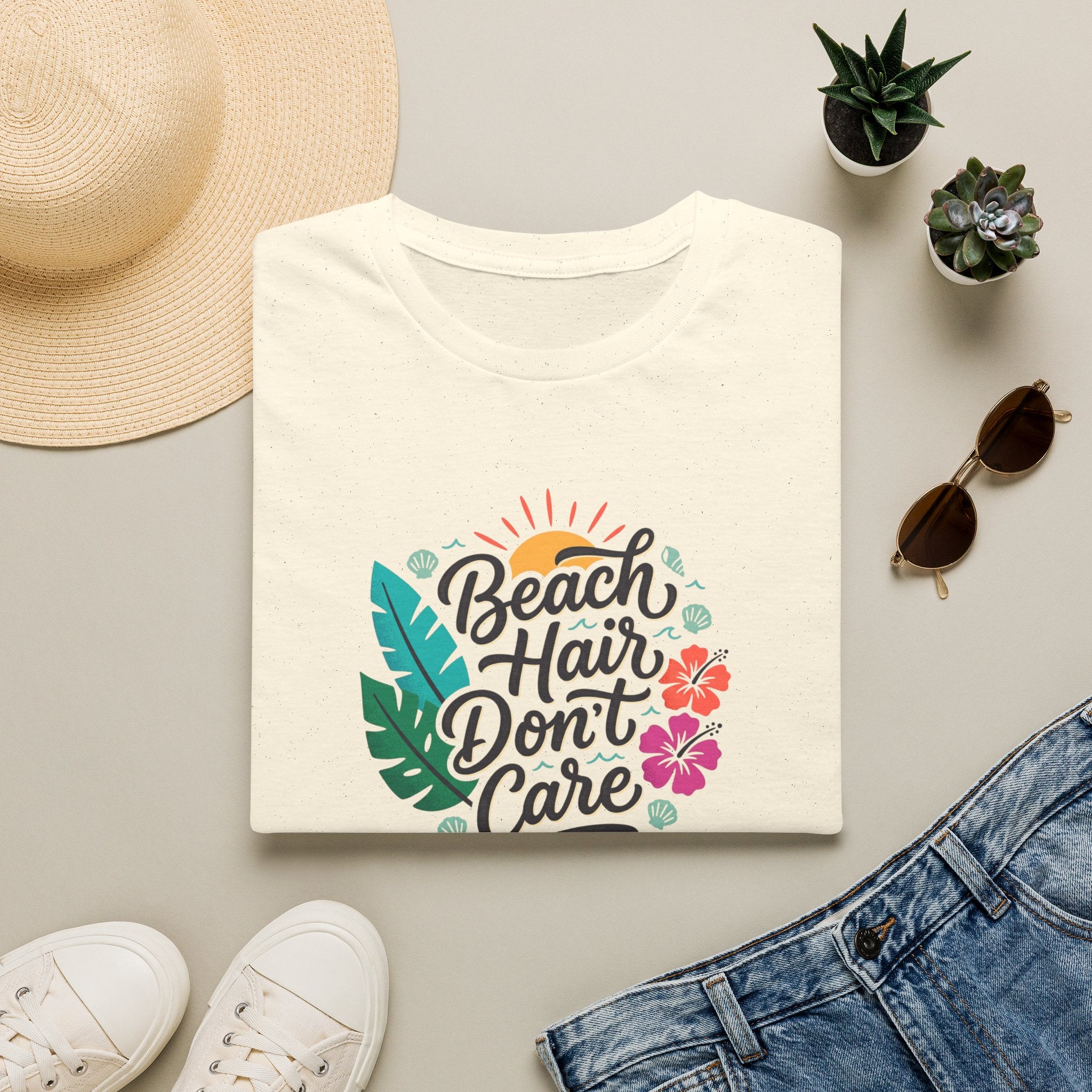 Beach Hair Don't Care T-Shirt | Tropical Hibiscus Sun Design
